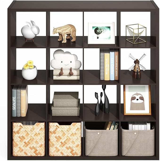 Furinno Simple Cube Storage Organizer, 16-Cube Display Shelf, Open Back