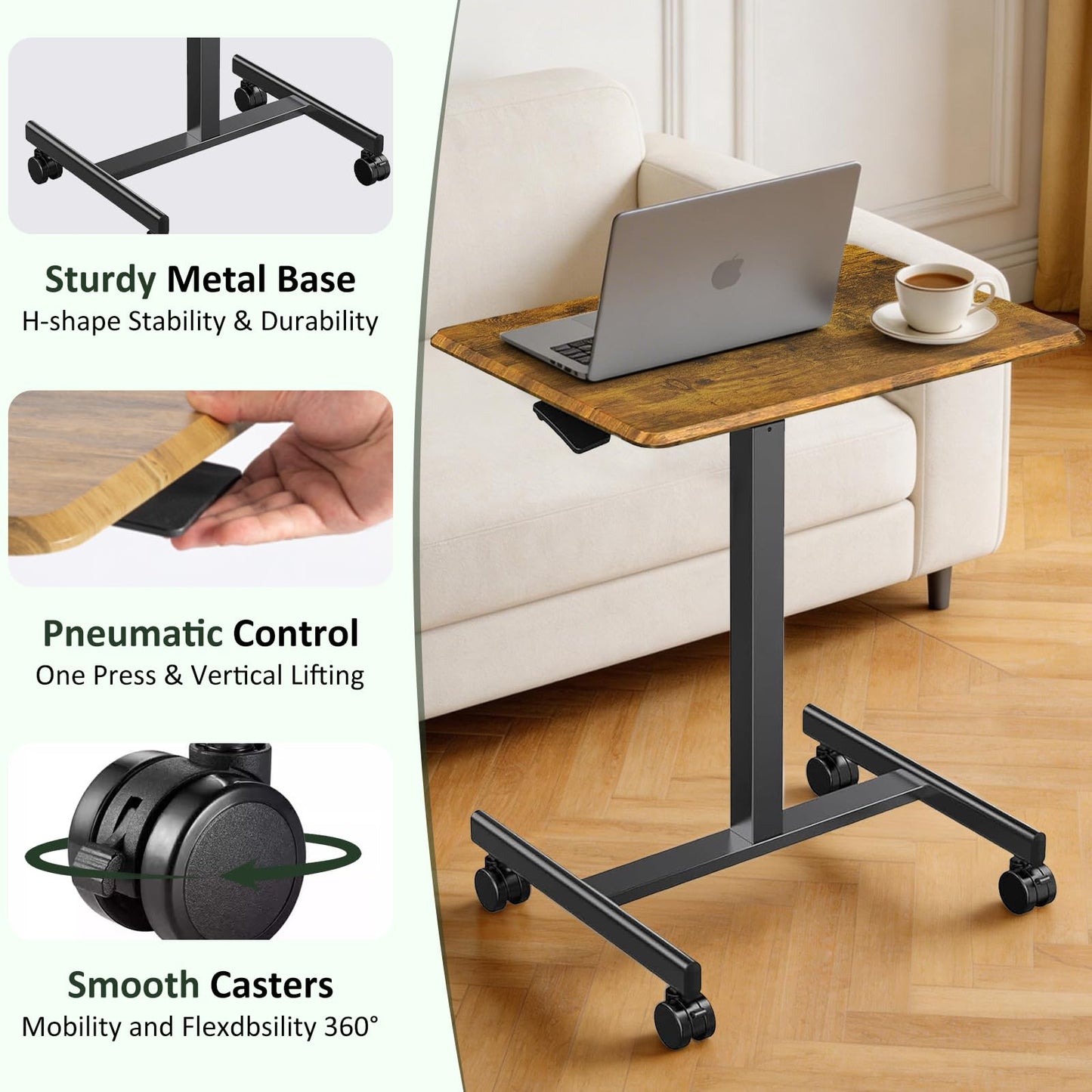 SageNest Adjustable Height Mobile Standing Desk with Lockable Casters, Rolling Sit Stand Laptop Computer Desk, Portable Compact Workstation for Home Office Dorm, Brown