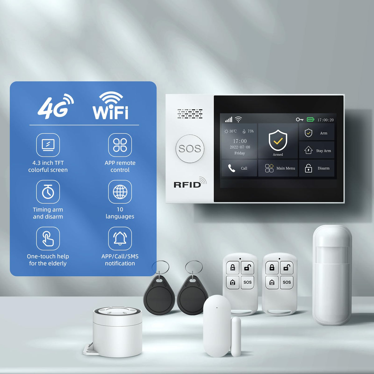 Alarm System for Home Security with Camera, Wireless Security System with 4.3’ Wireless fulltouch Screen Compatible with Alexa and Google for Home, Flat