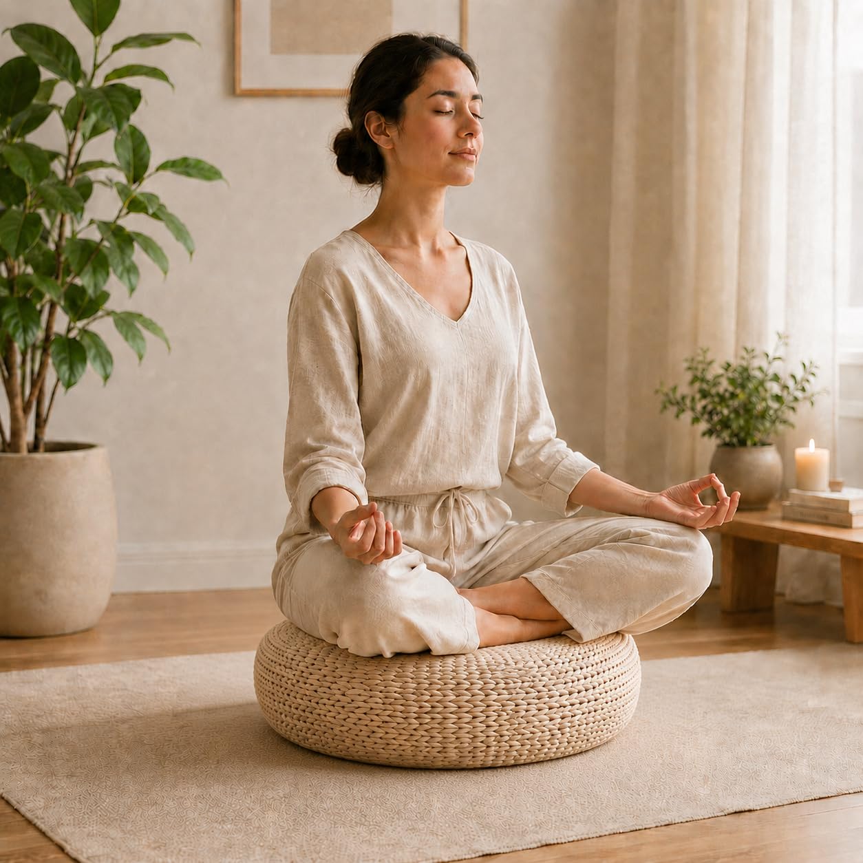 Round Rattan Floor Cushion, Handwoven Wicker Ottoman Foot Stool, Boho Meditation Seat for Living Room & Bedroom, 19.7" Dia x 6.7" H