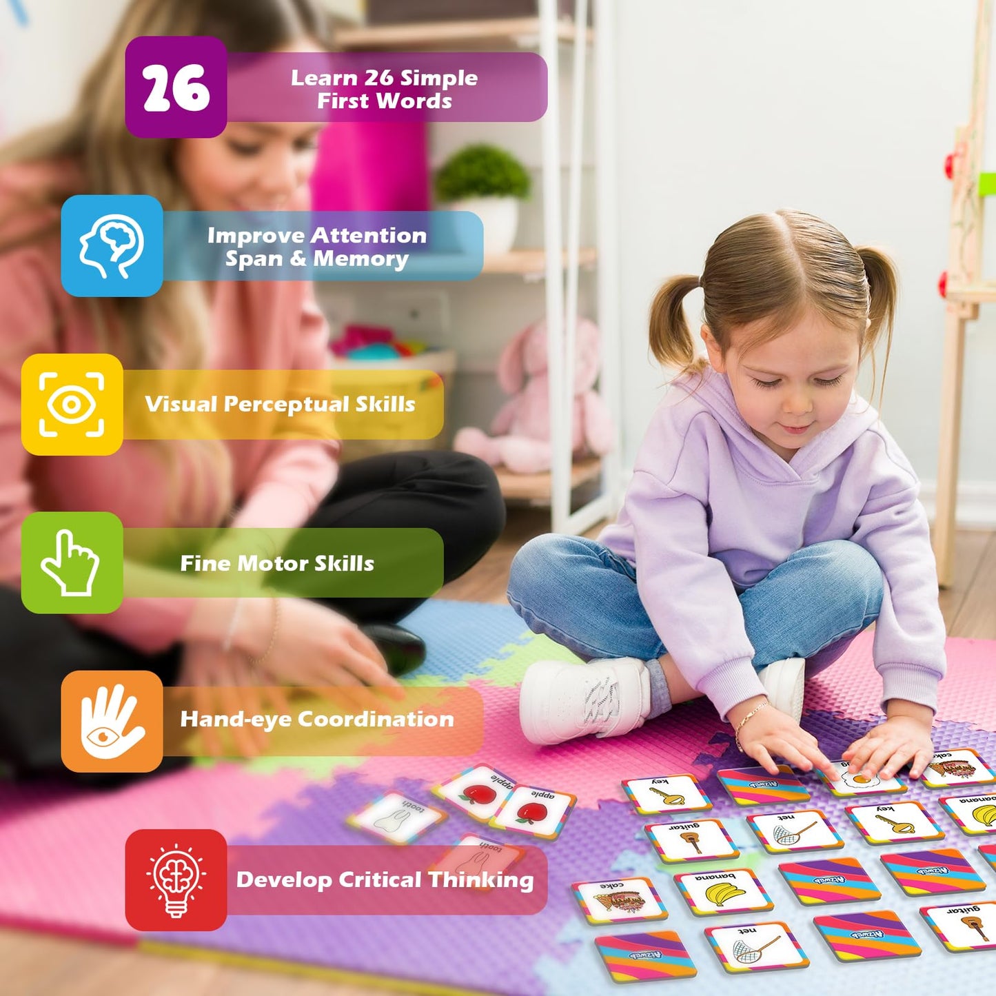 Aizweb First Words Match Game,Memory Game,52 Pcs Toddler Baby Flash Cards,Educational Toys for Pre K Preschool Kindergarten Learning Activities,Speech Therapy Materials Classroom Must Haves