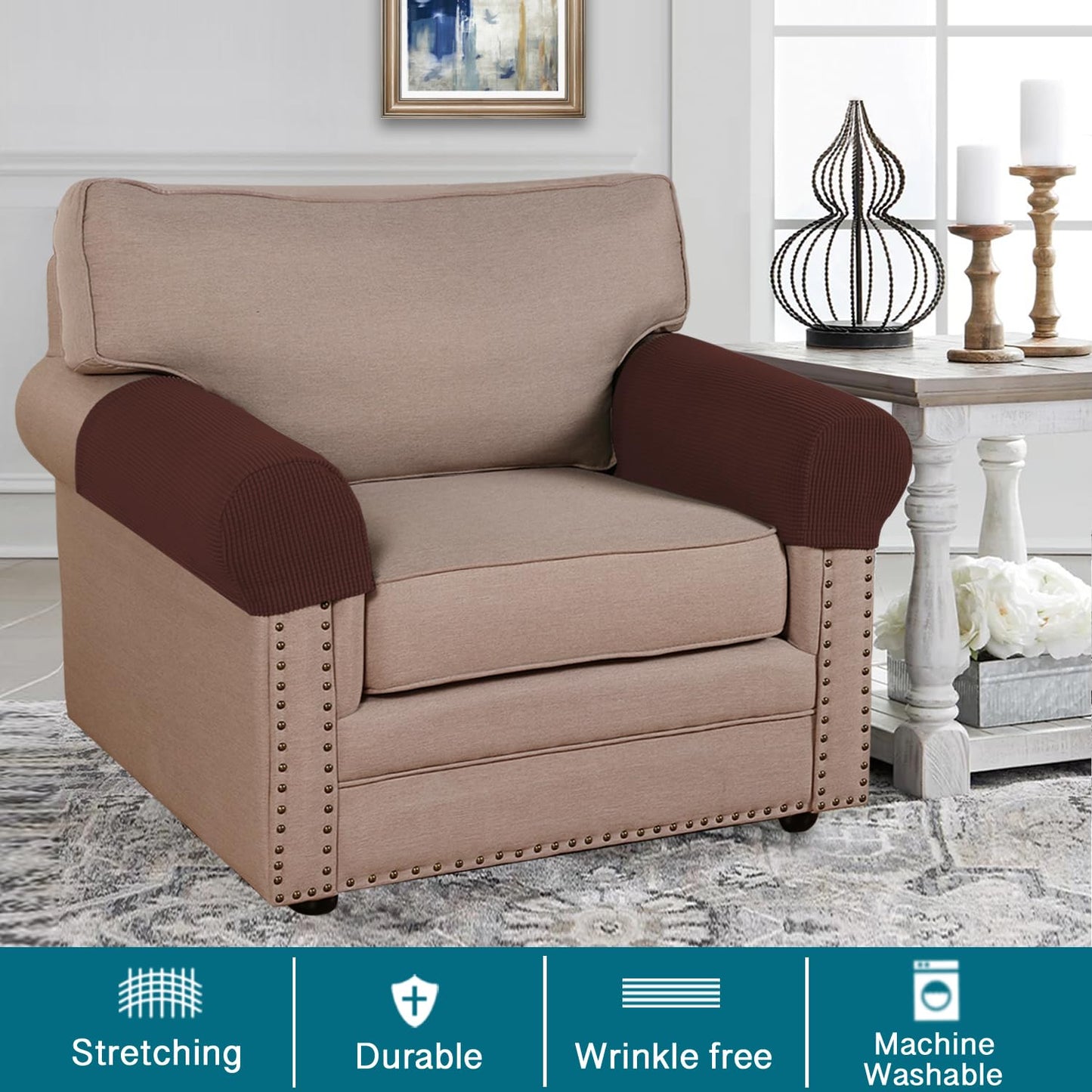 Turquoize Stretch Armrest Covers for Chairs and Sofas Couch Arm Covers for Sofa Spandex Jacquard Armrest Cover Anti-Slip Furniture Protector Armchair Slipcovers for Recliner Set of 2, Burnt Brick