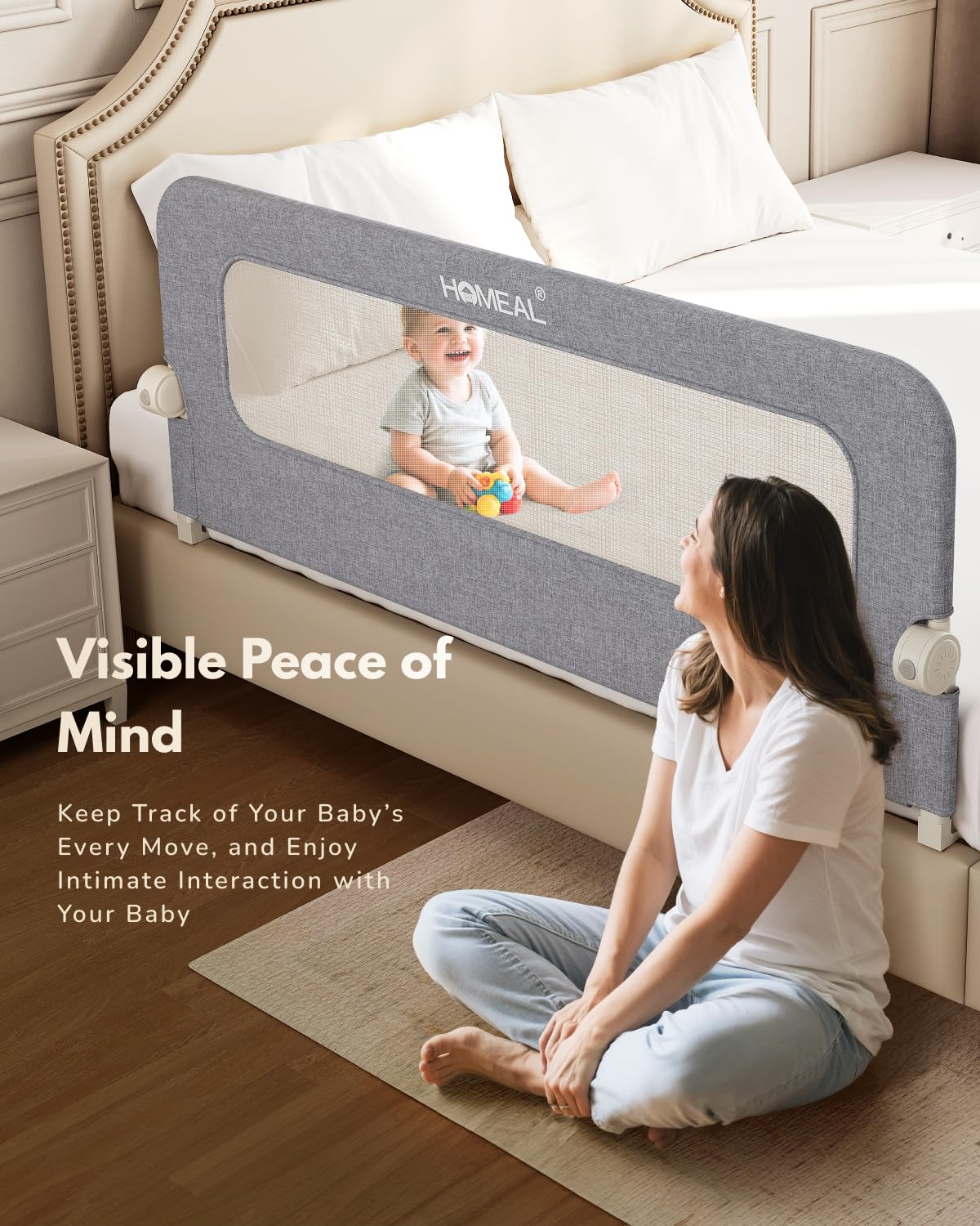 HOMEAL Toddler Bed Rails - 47"x24" Foldable Baby Bed Rail Guard with U-Shape Base - Kids Guard for for Twin, Full, Queen, King Beds - Breathable Bed Rail for Baby, Grey, 1 Pack
