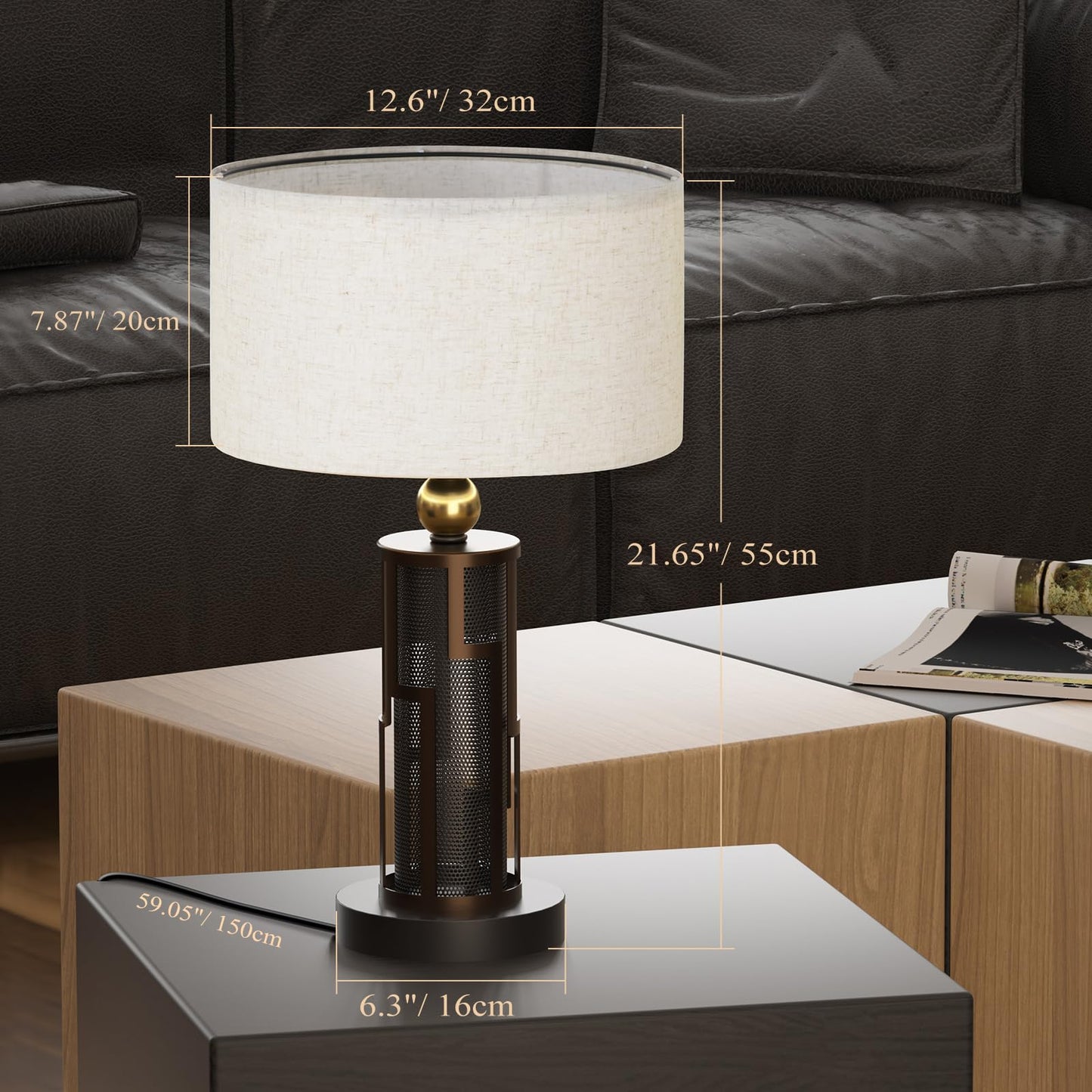 HYMELA V07-2 21.65" Farmhouse Table Lamp, Rustic Bedside Nightstand Light with USB A+C Charging Ports for Nightstand Bedroom Study Living Room, 3-Way Dimmable Desk Lamp