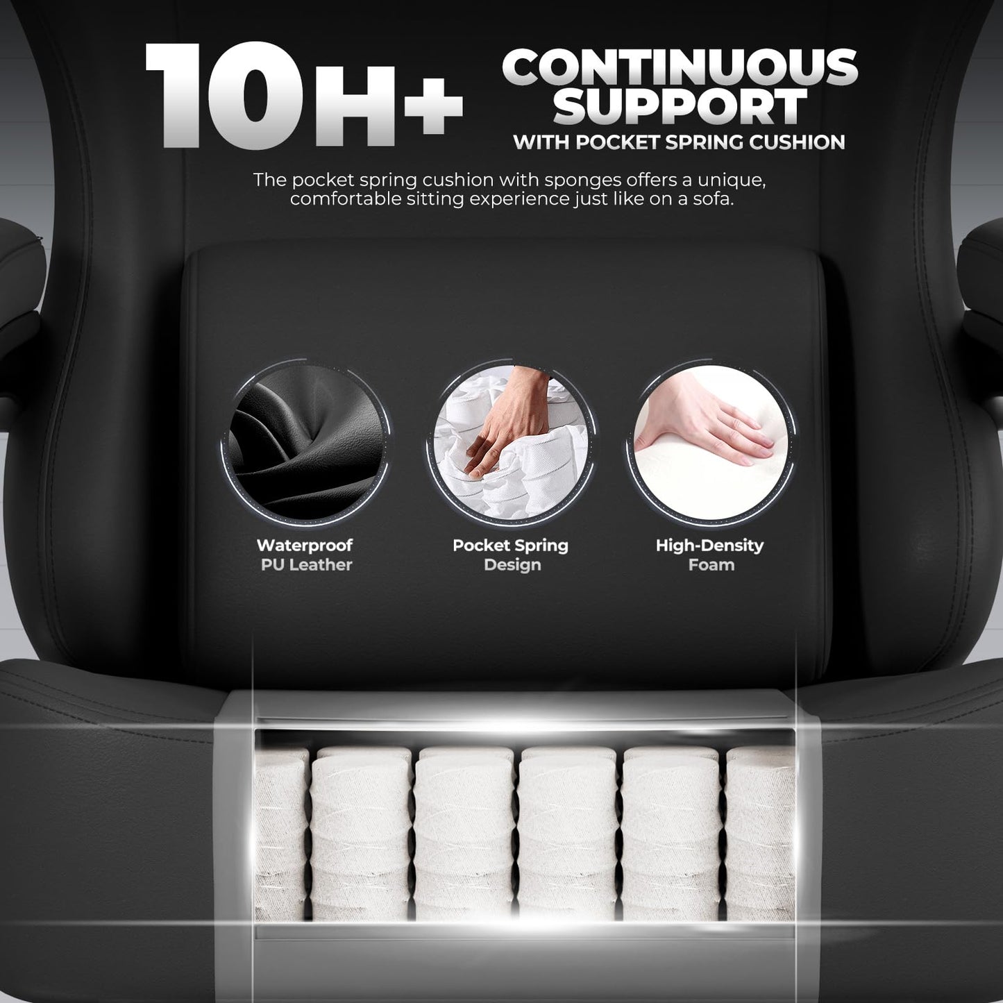 GTPLAYER Gaming Chair with Pocket Spring Cushion, Big and Tall Gamings Chairs 350LBS High Back Computer Chair with Footrest for Adults Lumbar Support Swivel Game Chair for Office, Leather Black