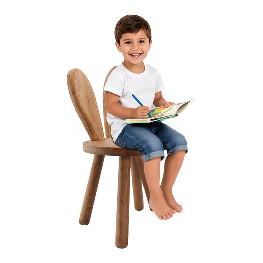 Wooden Step Stool for Toddlers, 2-in-1 Kids Chair & Desk Seat, Solid Rubberwood Bunny Ears Backrest, Wood Wax Oil Finish,CPC Certified Sturdy Seating for Playroom Classroom Nursery, Walnut（1 Pack）