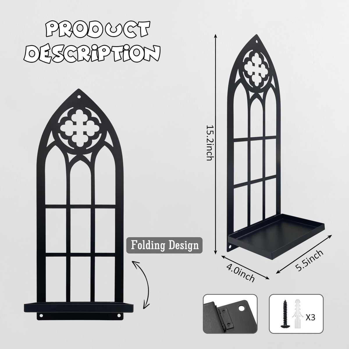 Gothic Wall Sconces Set of Two Candle Holder, Black Metal Gothic Wall Decor, Arched Church Wall Sconces, Rustic Farmhouse Home Wall Art Decor for Living Room, Bathroom, Bedroom, Dining Room(Church)