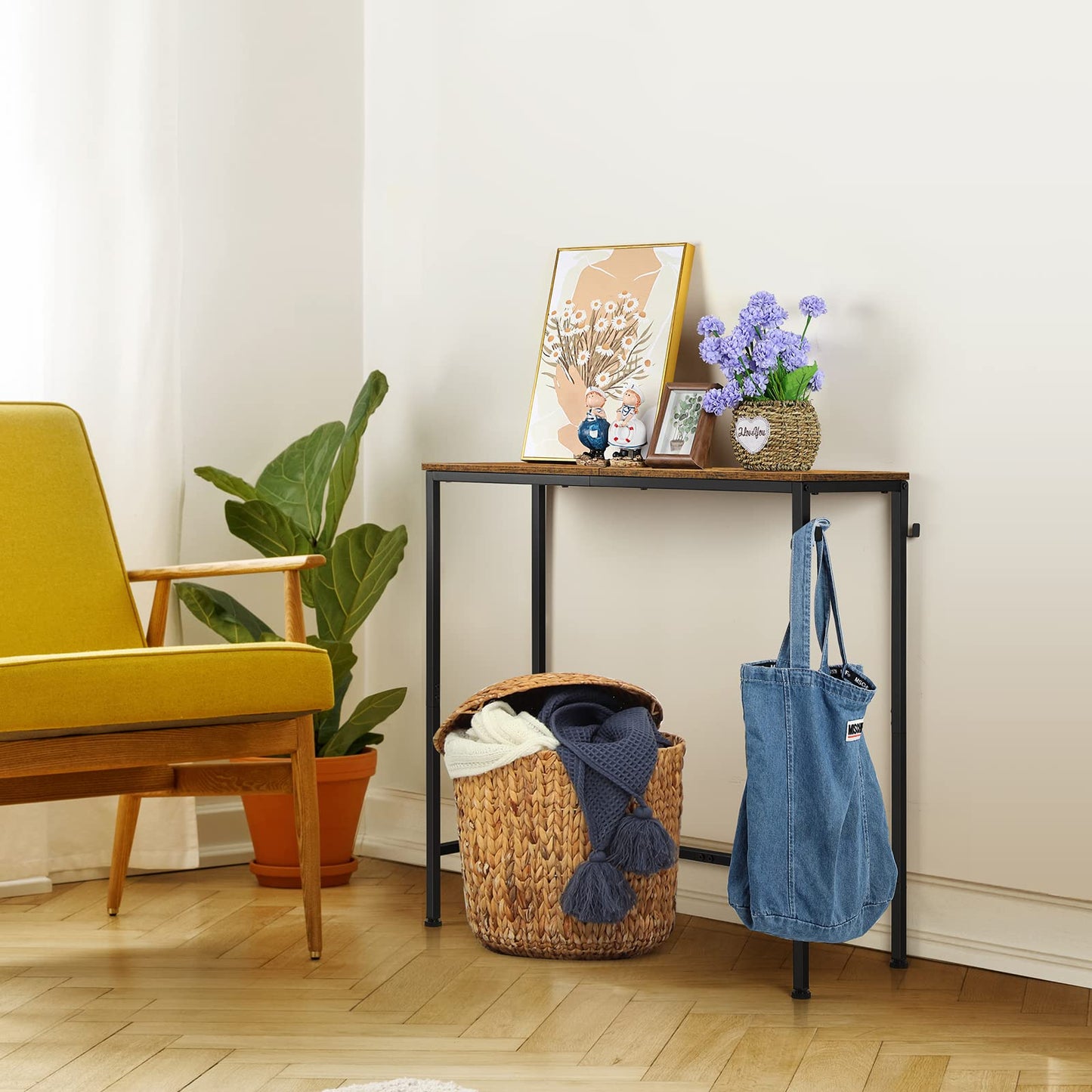 BTY Narrow Console Table Small Entryway Table Industrial Couch Table Behind Sofa Table Hallway Table with Hooks for Living Room Foyer Bedroom Corridor Office Rustic Brown