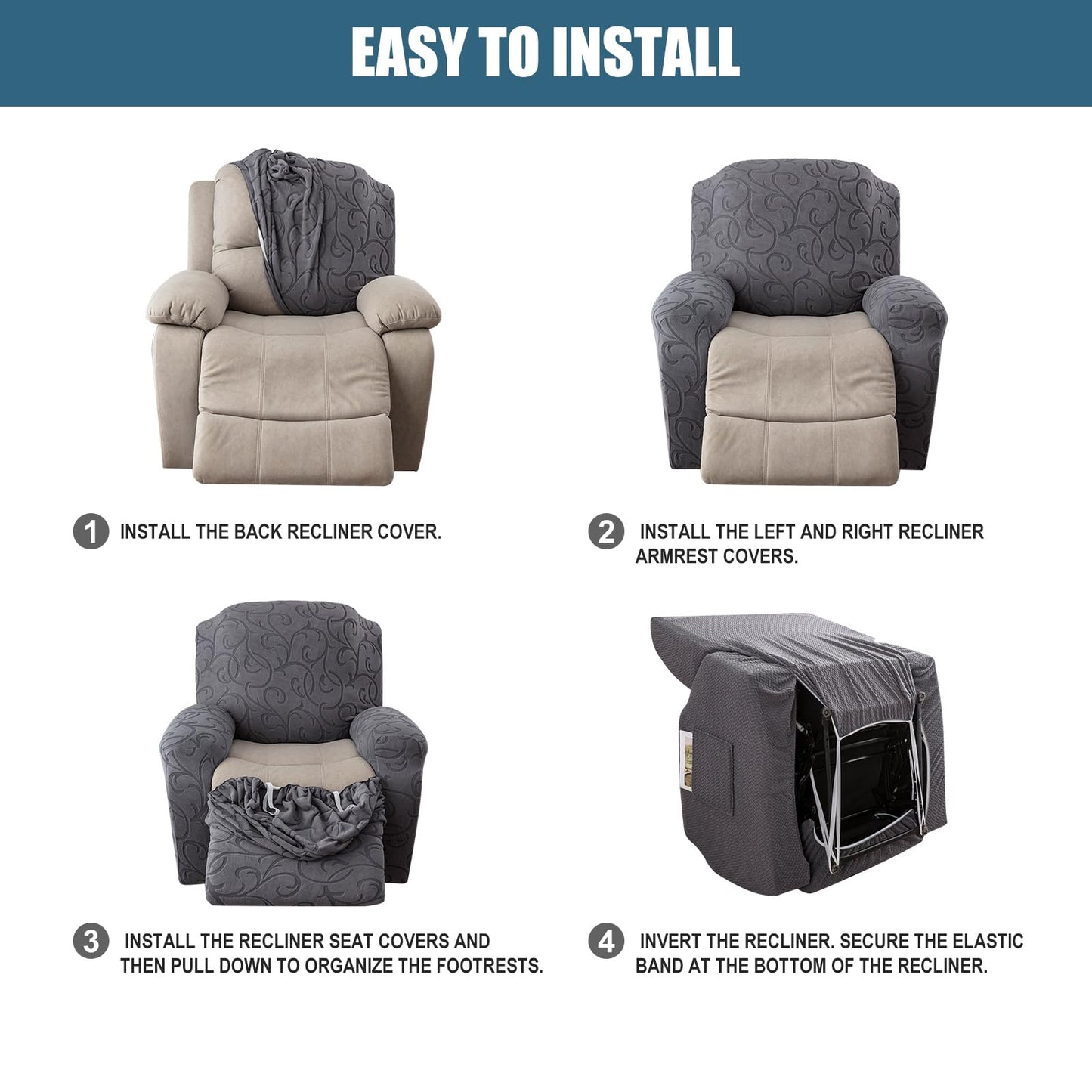 YUEANG 4 Pieces Recliner Cover Stretch Sofa Slipcover, Sofa Couch Cover for Reclining Couch 1 Seat, Washable Furniture Protector with Elastic Bottom for Kids, Dog