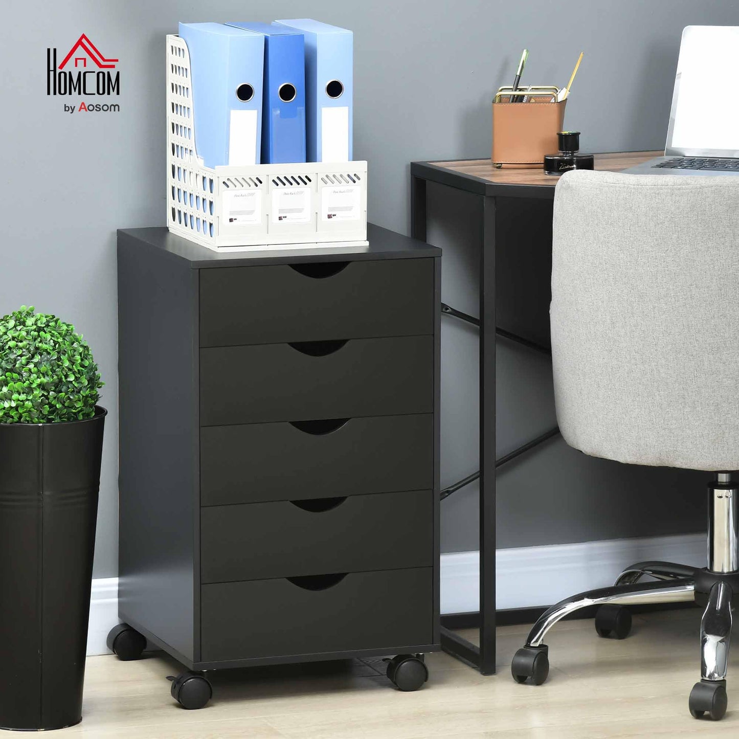 HOMCOM 5 Drawer Mobile File Cabinet, Rolling Printer Stand, Modern Vertical Filing Cabinet for Home Office, Black