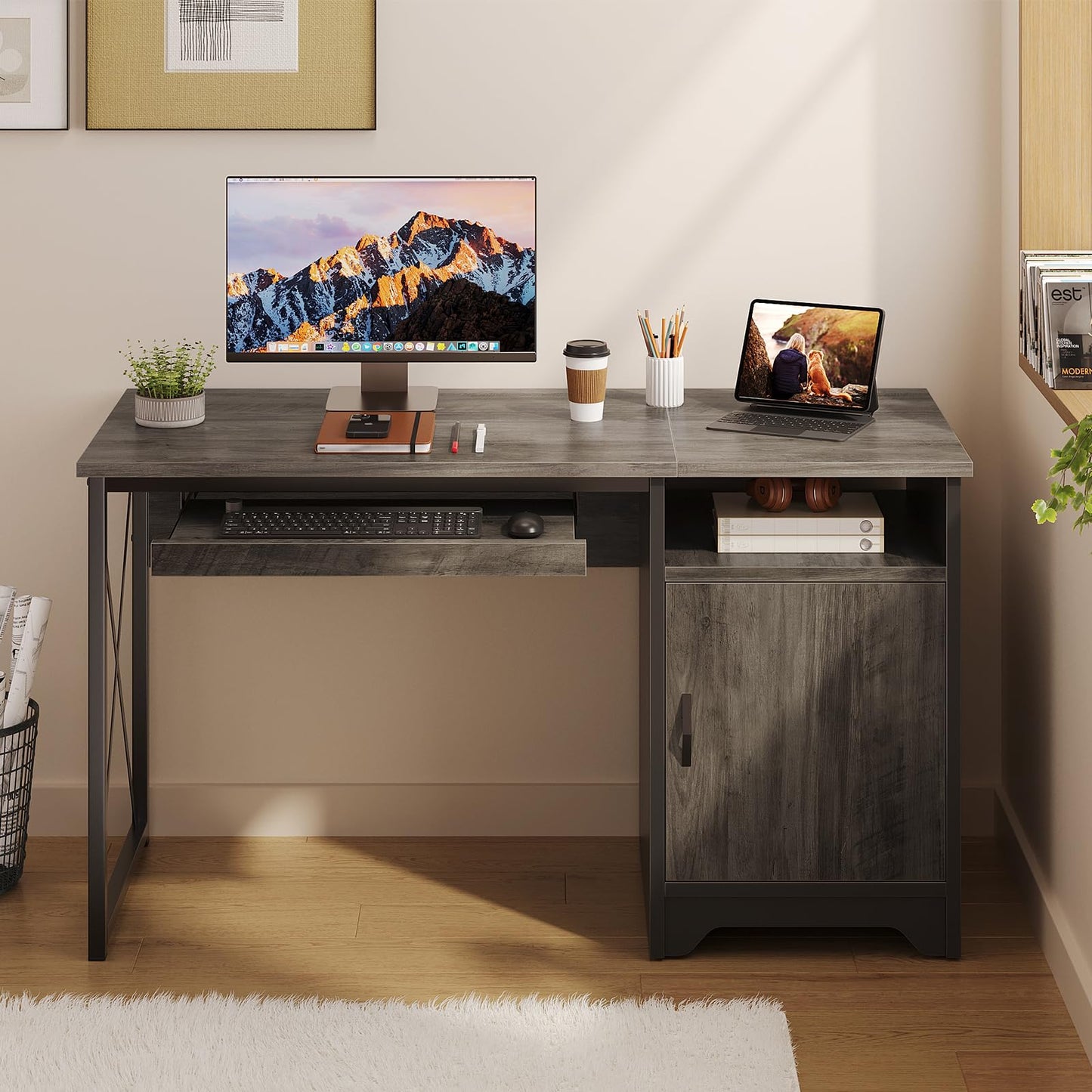 Bestier Office Desk with Keyboard Tray, Industrial Computer Desk with Storage, Reversible Executive Desk with File Cabinet for Home Office Bedroom, 47 inch Grey
