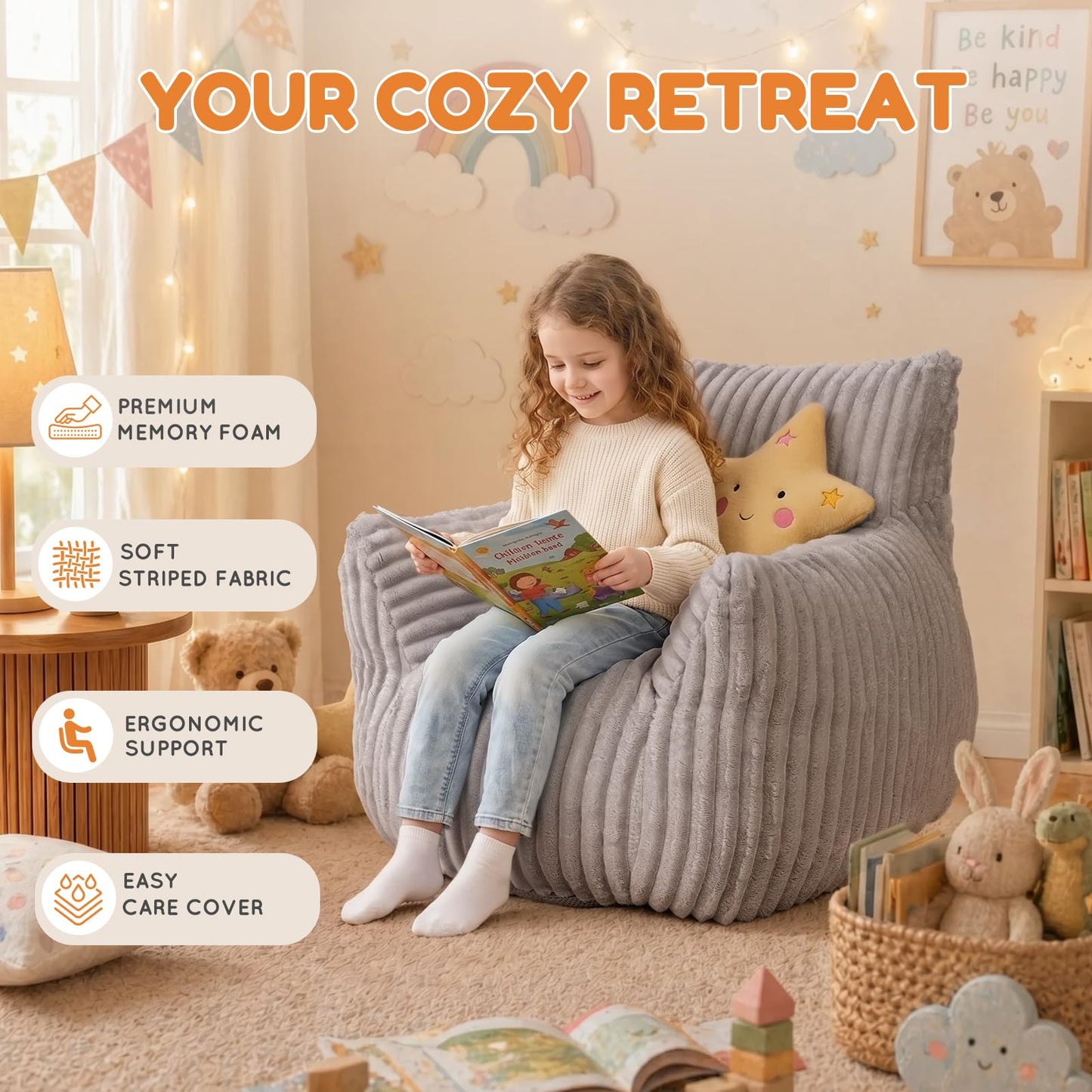 MaxiBean Bean Bag Chair - Plush Faux Fur Floor Seating Furniture Bean Bag Chair for Living Room, Bedroom, Playroom (2.5FT Stripe Grey)