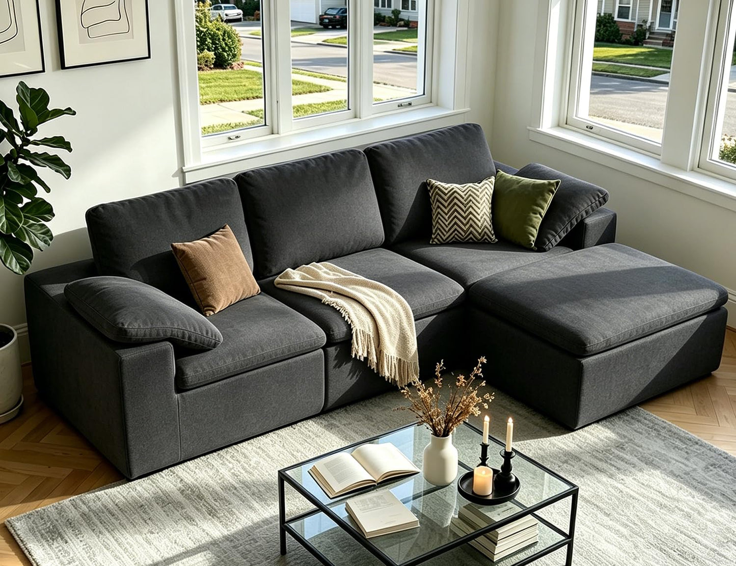 Nigoone 108" Sectional Couches for Living Room, Adjustable Sofa Backrest, Modular Cloud Sofa with Ottoman, Convertible L Shaped Boneless Couch, 4 Seater, Dark Grey Chenille, No Assembly