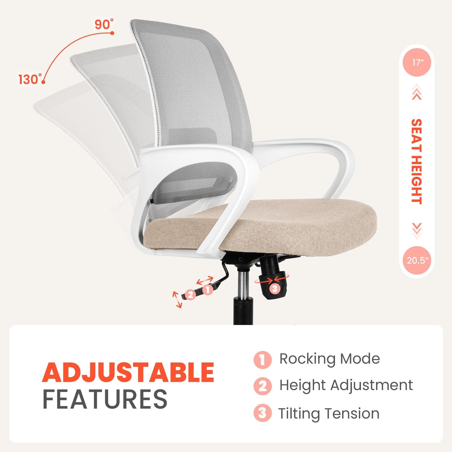 NEO CHAIR Office Desk Ergonomic Computer Mesh Chair with Lumbar Mid Back Support Adjustable Height Swivel Rolling Wheels Comfy Task Vanity Chair for Home Bedroom Study (Beige)