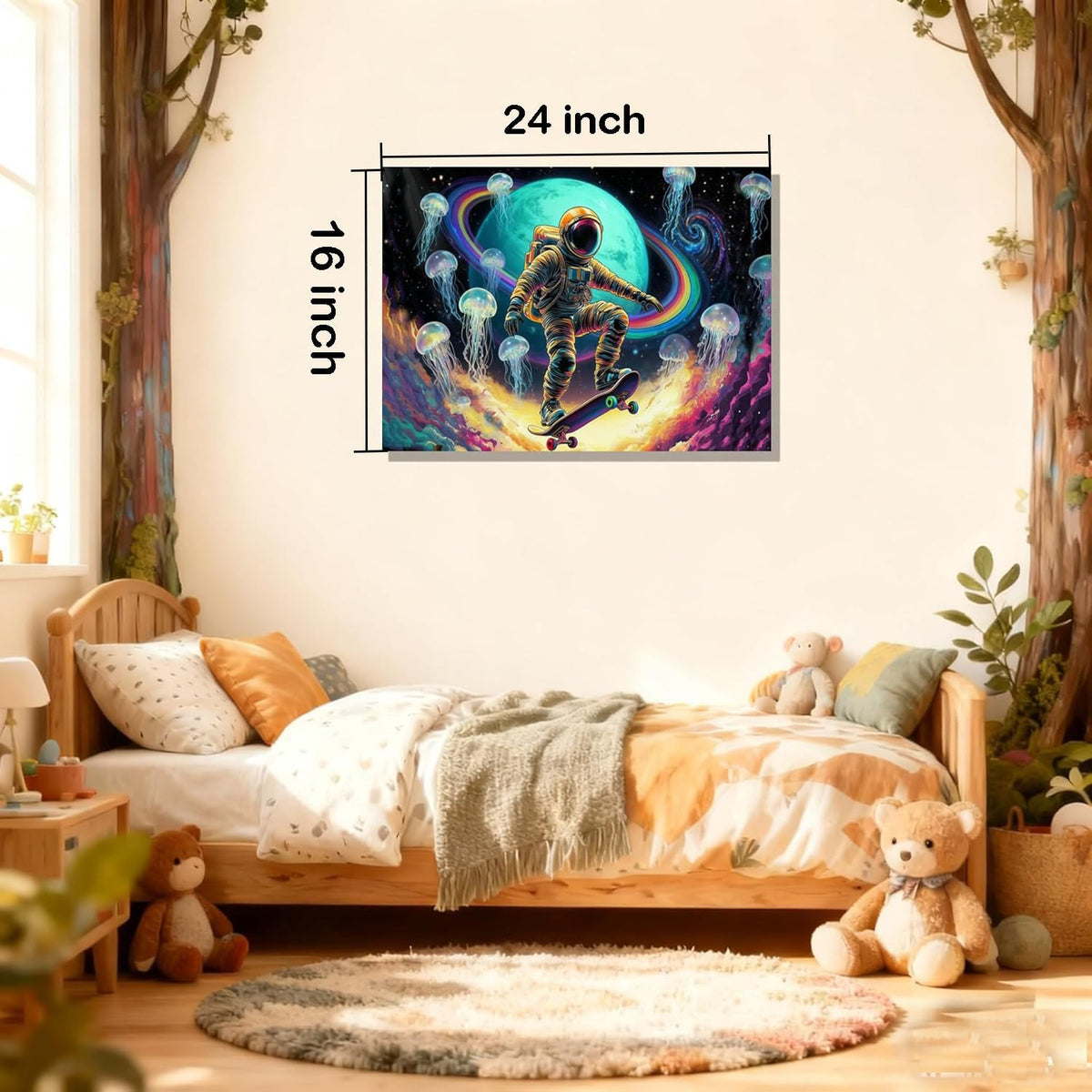 16x24 Framed Space Astronaut Skateboard Canvas Wall Art Colorful Galaxy Print with Jellyfish Rainbow Cosmic Tenn Boy Room Fantasy Decor Kids Bedroom Funny Earth Poster Child Study Room Office Picture