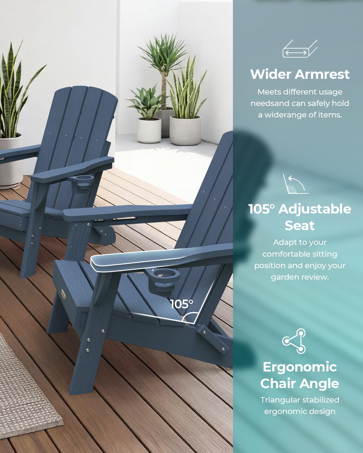 SUUNYN Folding Adirondack Chair, HDPE Adirondack Chairs with 2 Cup Holder, Plastic All-Weather Fire Pit Chairs, Outdoor Lawn Chair for Patio Garden (Navy Blue)