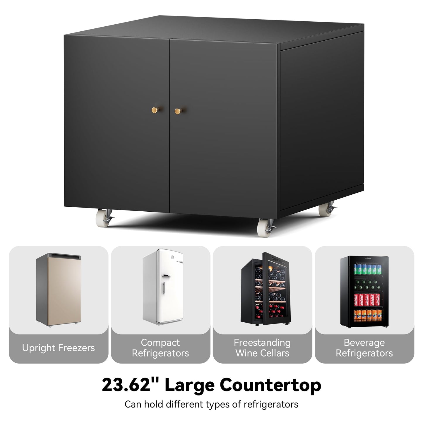 Printer Stand, 24''W x 24''D x18''H Mini Fridge Stand, Metal Printer Cabinet with Storage for Home Office, Small Refrigerator Stand with Wheels, Table Desk for Compact Dorm Room with Door (Black)