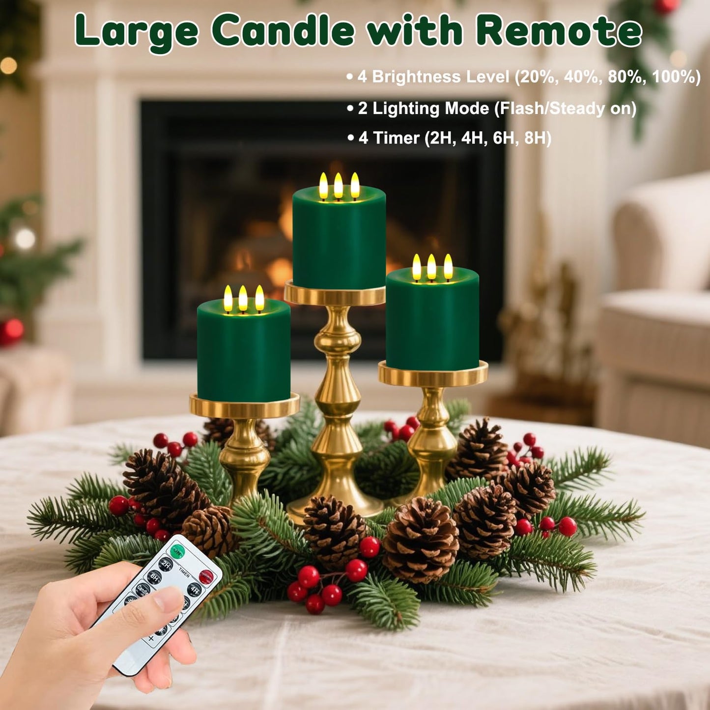 Large 3 Wick Flameless Candles, 4"x4" Flickering LED Candles with Remote & Timer, Dimmable Real Wax Pillar Candles Battery Operated, Green Candles for Home Christmas St. Patrick’s Day Decor (Green)