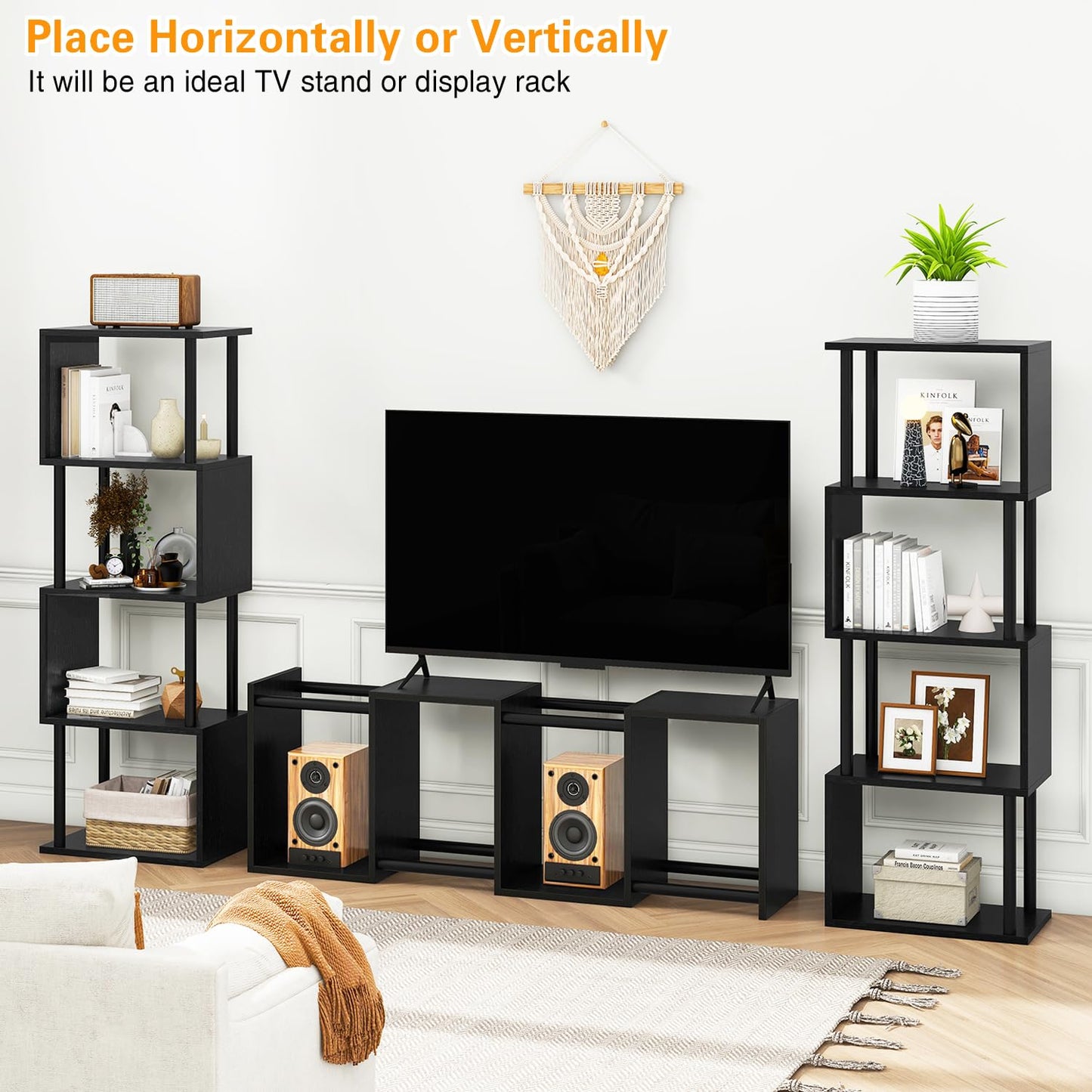 IBUYKE 5-Tier Tall Bookshelf,S-Shaped Geometric Bookcase, Wood Display Shelves with Storage,Modern Bookshelf for Living Room Bedroom, Home Office, Black WBC015B