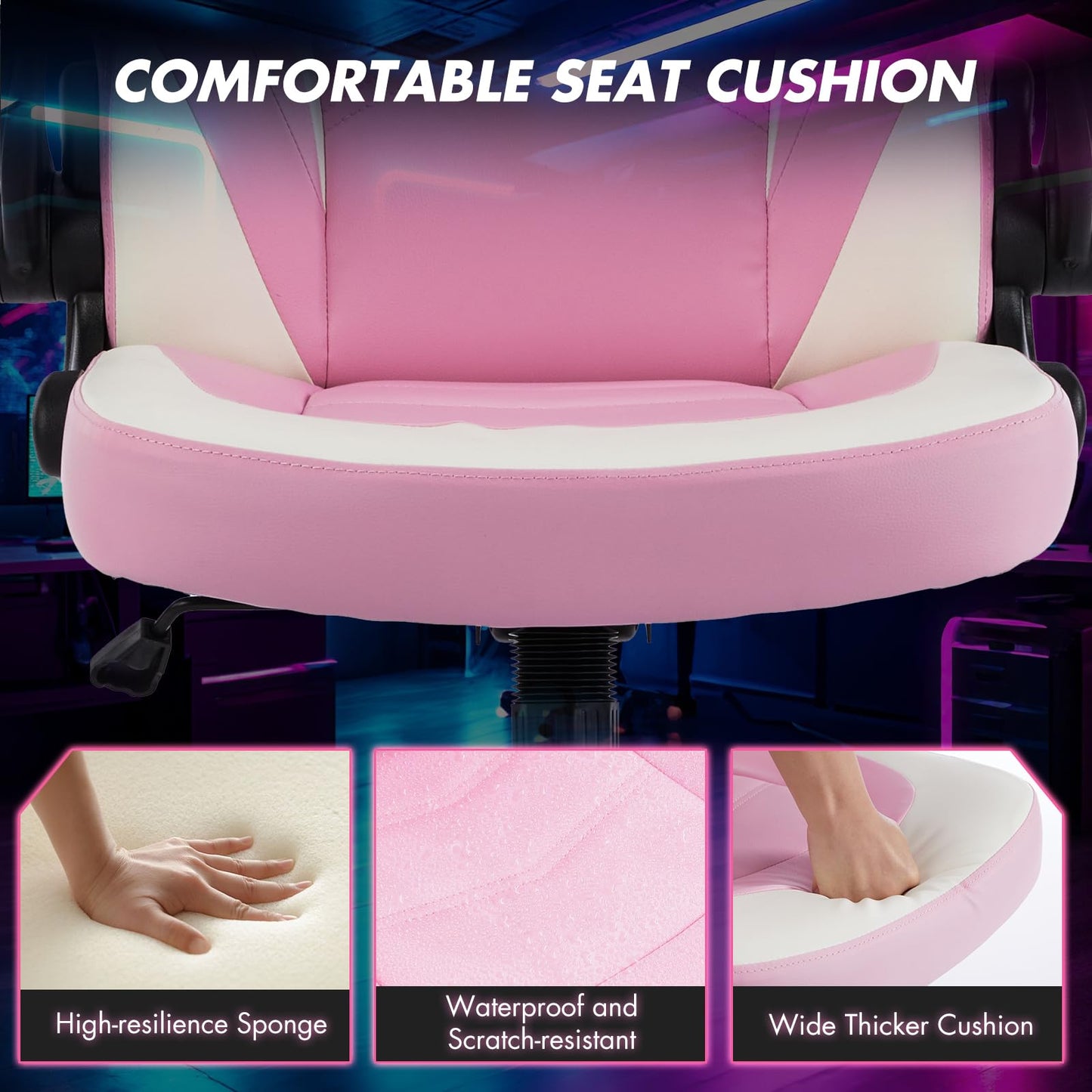 Sweetcrispy Computer Video Game Desk Chair - Ergonomic Comfy Lumbar Support, PU Leather with Flip-up Armrest, Height Adjustable and 360° Swivel, for Adults, Pink