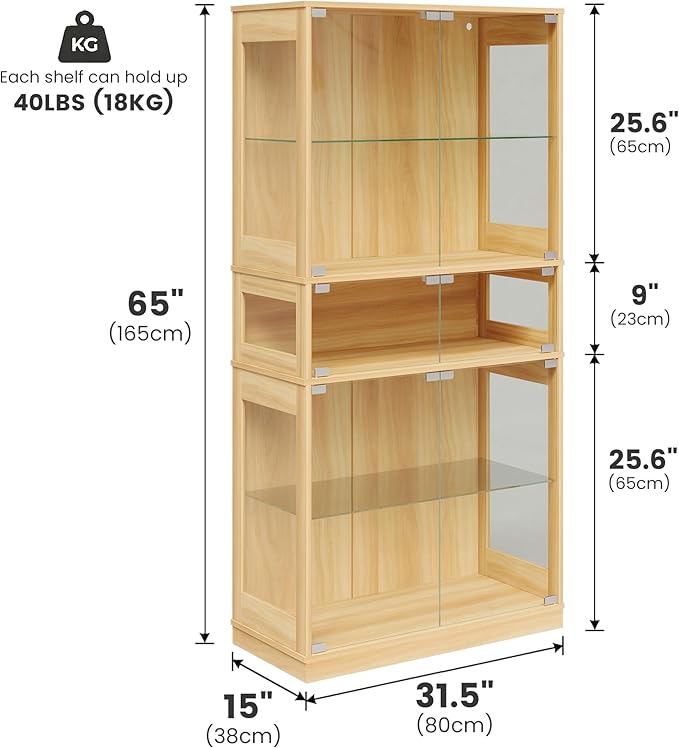 Display Cabinet with Glass Doors & LED Lights, 5 Tier Lighted Display Case