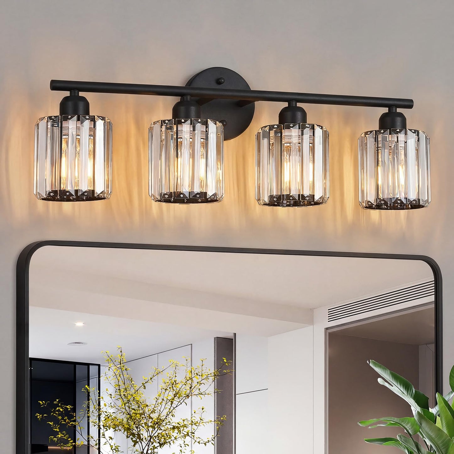 FDPBY Modern 4 Light Crystal Vanity Light, Black Vertical Bathroom Light Fixture Over Mirror for Dressing Table Sink, Compatible with Dimmable Bulbs (Bulbs Not Included)