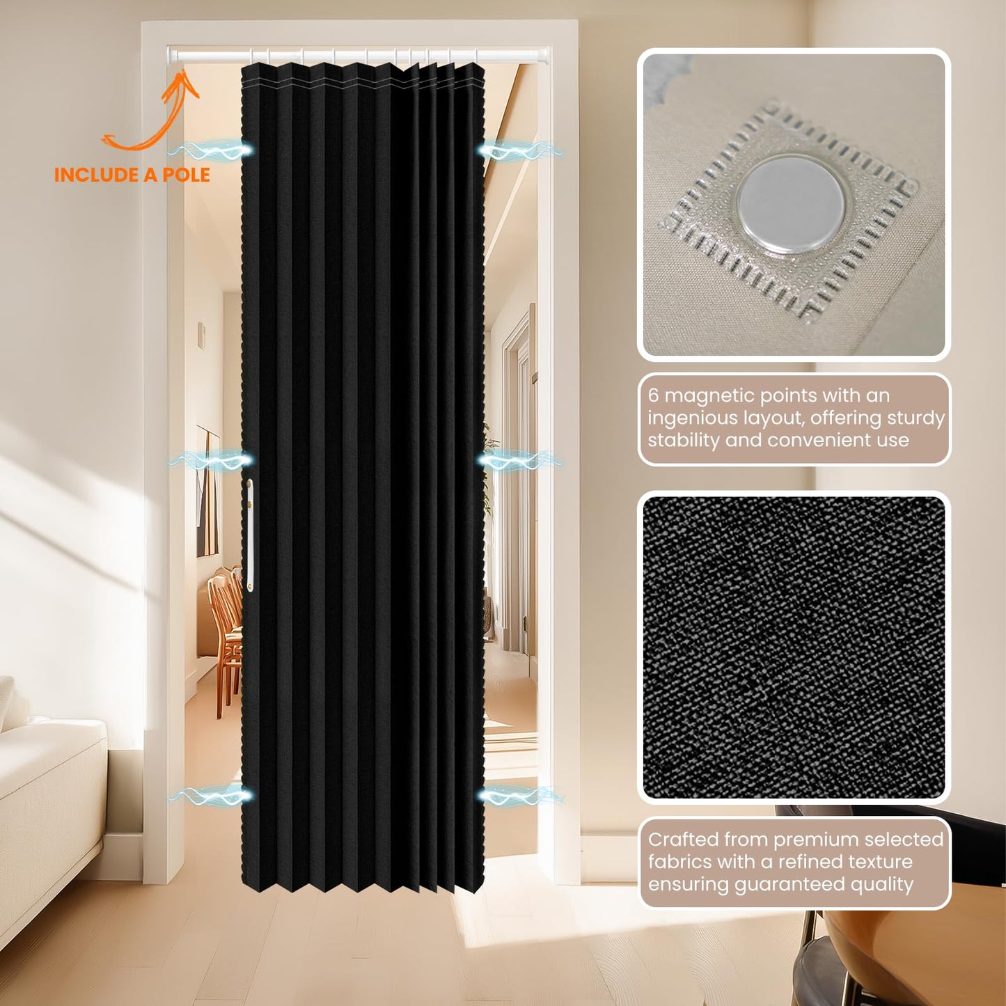 AJAZZ Blackout Sliding Door Curtains with Curtain Rods Included, Magnetic Door Curtain for Bedroom Living Room Doorway Curtain Sets (1 Pack, 72 W x 78 L, Black)