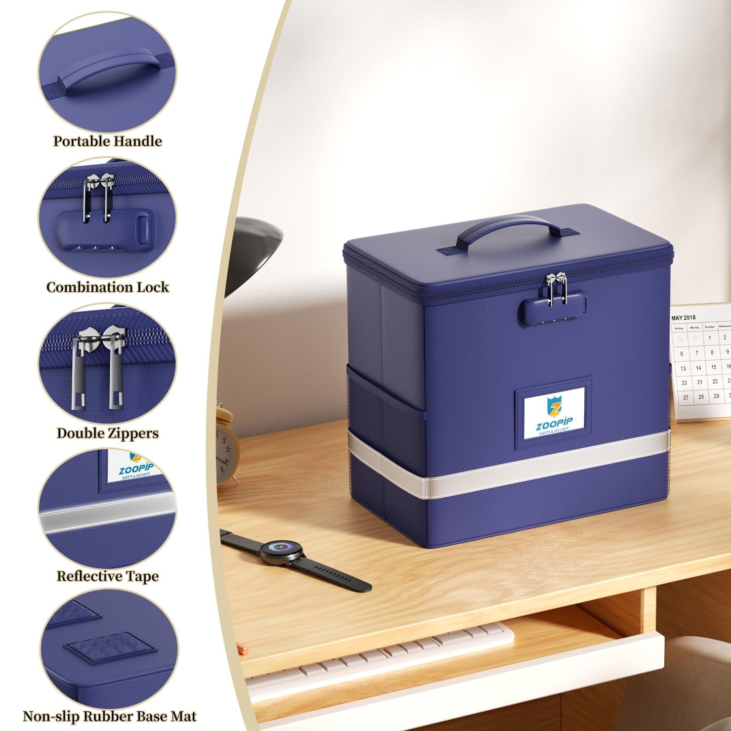 ZOOPIP Fireproof File Box with Lock, Document Box Storage Organizer, Suitable for Hanging File Folders in Letter Size, Collapsible File Box, Reflective Strip for Fast Find (12.2"*6"*10.2, Blue)