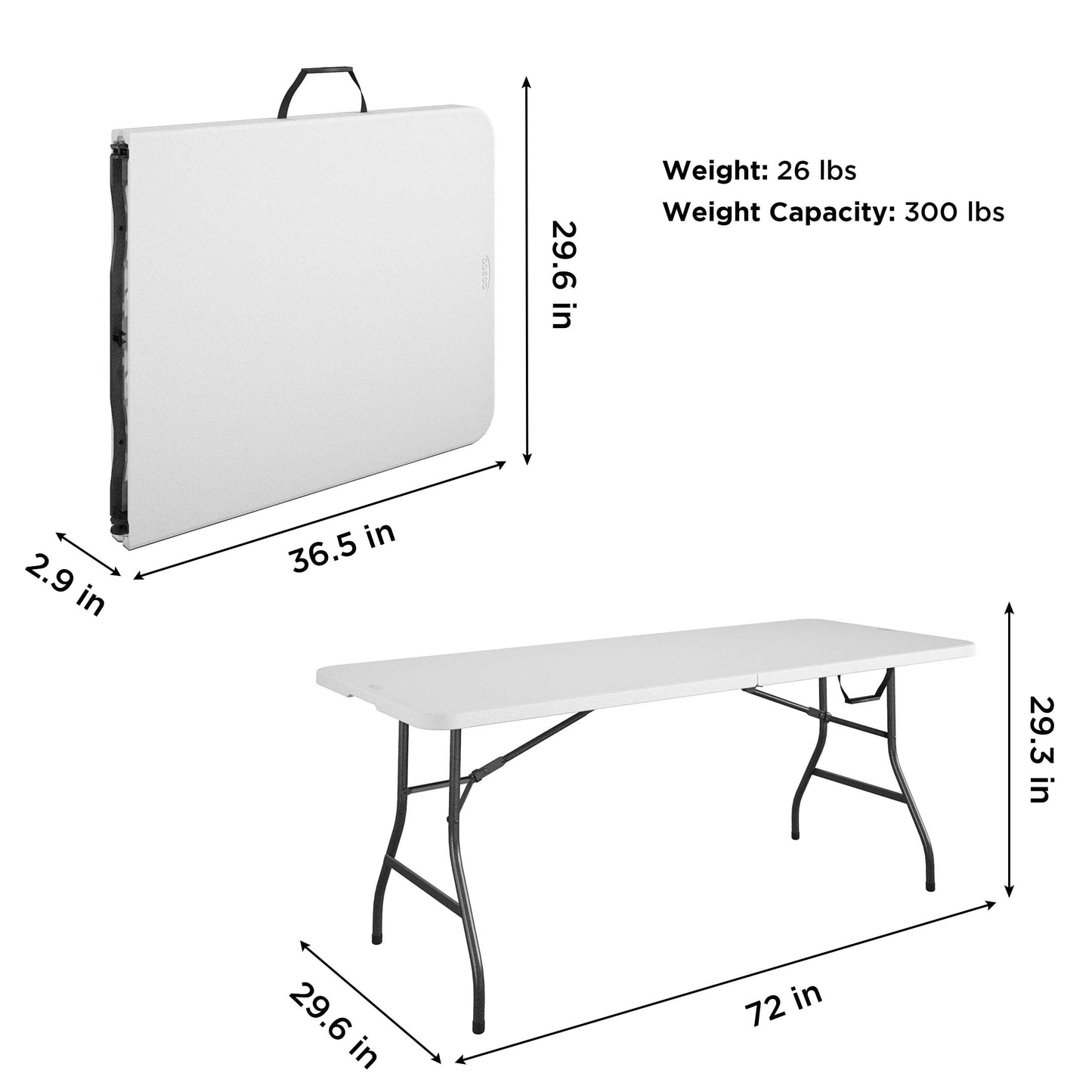 Cosco 6ft Fold-in-Half Blow Molded Folding Table, Indoor/Outdoor, Comfort Handle, Lightweight Plastic Construction - White