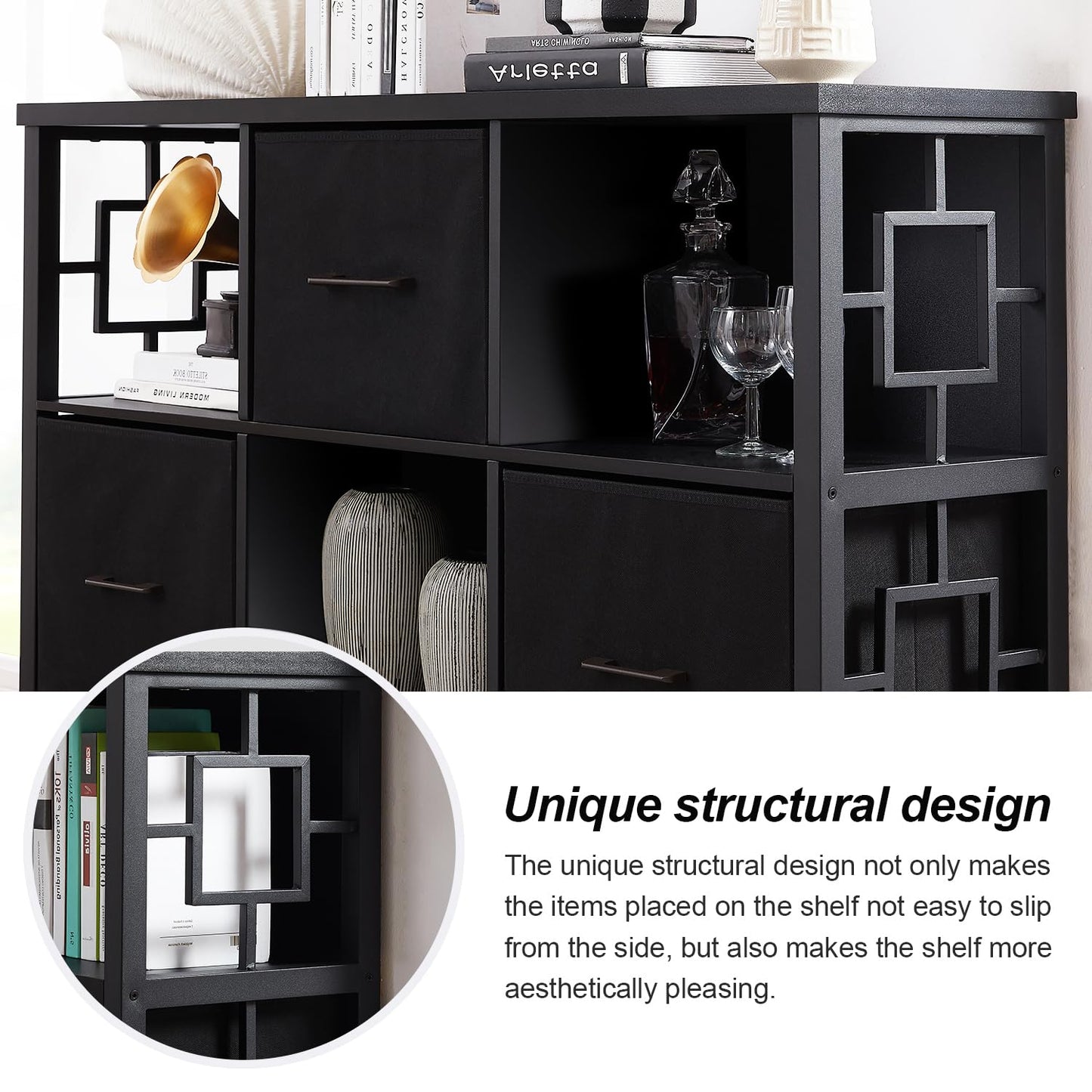HOMISSUE 6 Cube Storage Organizer Shelf, Rustic Short Bookshelf with 3 Storage Bins, Industrial Horizontal Bookshelf with Metal Frame, Low and Wide Cube Bookcase for Living Room and Office, Black