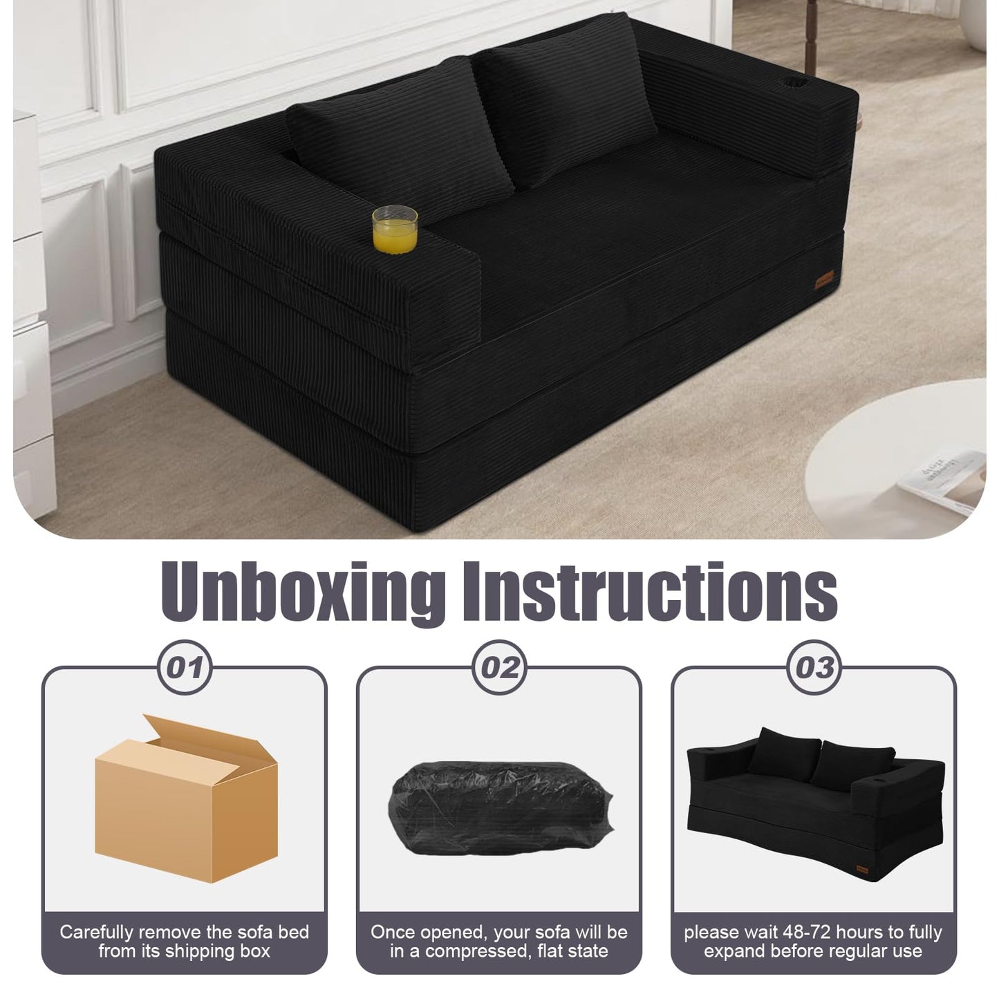 MeMoreCool Black Futon Couch Convertible Sofa Bed Queen, Folding Floor Couch Bed with Pillow, Corduroy Foldable Sofa Sleeper, Fold Out Boneless Loveseat Lounge for Living Room Small Spaces