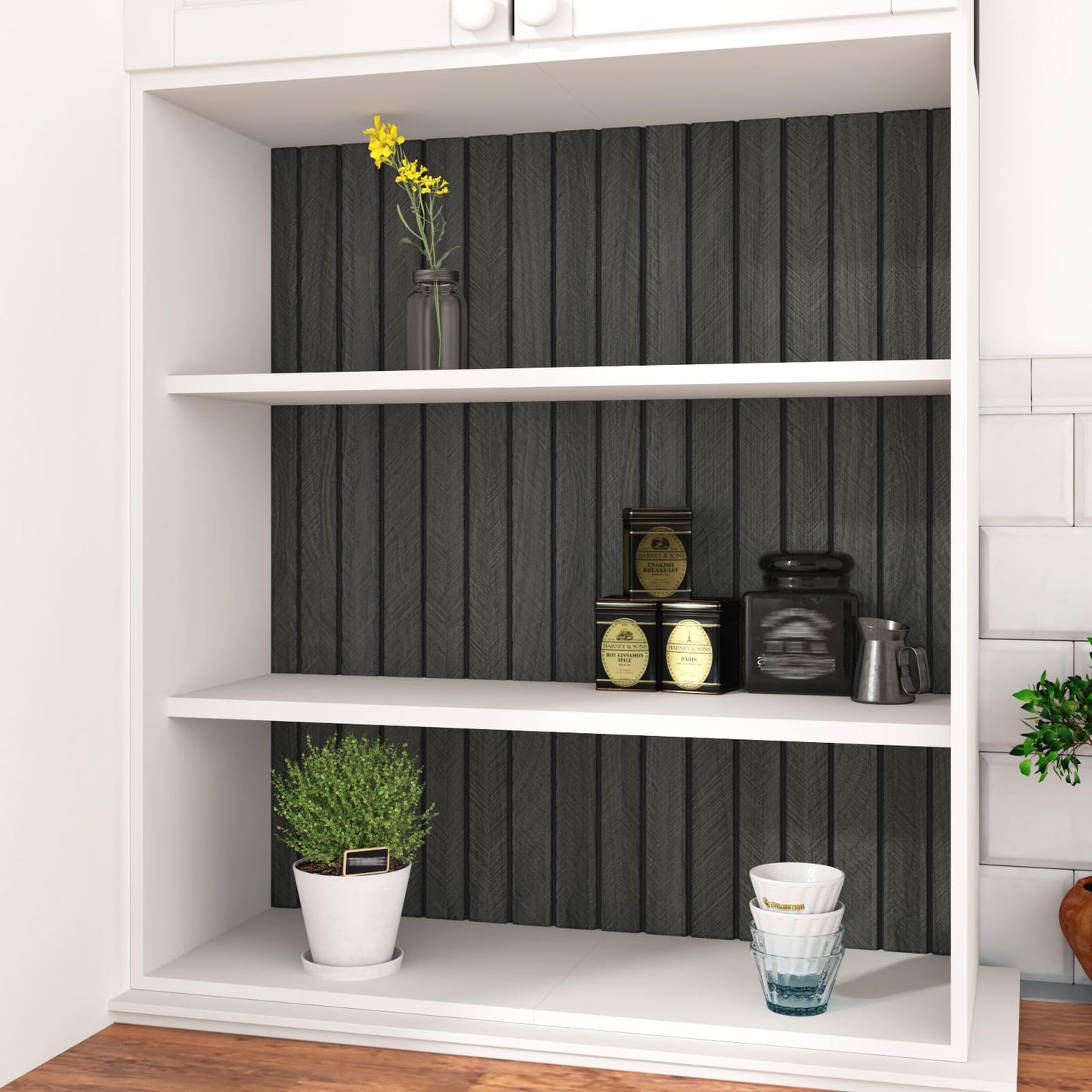 STICKEEP Grey/Black 3D Wood Panels for Wall Decor 197"x11.8" Peel and Stick Faux Wood Wall Panel Self Adhesive Soundproof Wooden Slats Paneling Wallpaper for Living Room Bedroom Office Work Shop