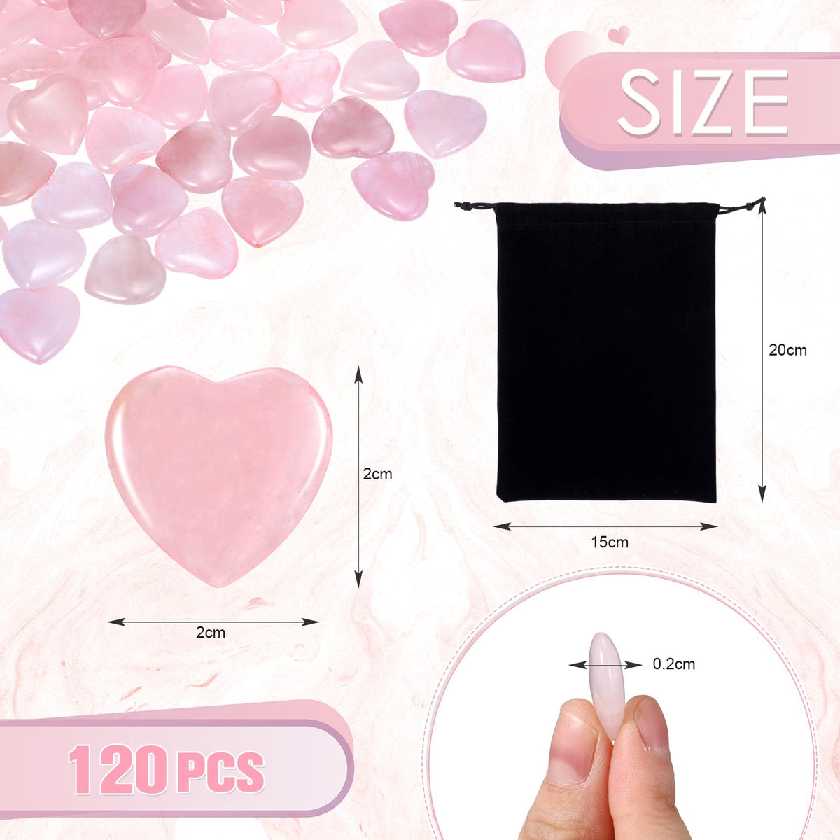 Ecation 120 Pcs Heart Quartz Bulk Crystals Stone Bulk Natural Polished Stone Heart Love Carved Healing Worry Crystal with Flannel Bag for Women Gifts(Rose Quartz)