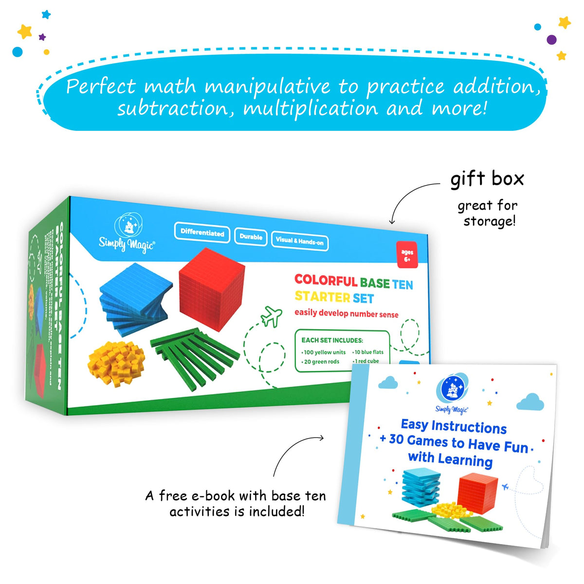 Simply magic 131 PCS Base Ten Blocks for Math - Place Value Blocks, Base 10 Math Manipulatives K-3, Math Counters, Number Blocks, Math Cubes for Kids, Counting Blocks - Kindergarten 1st 2nd 3rd Grade