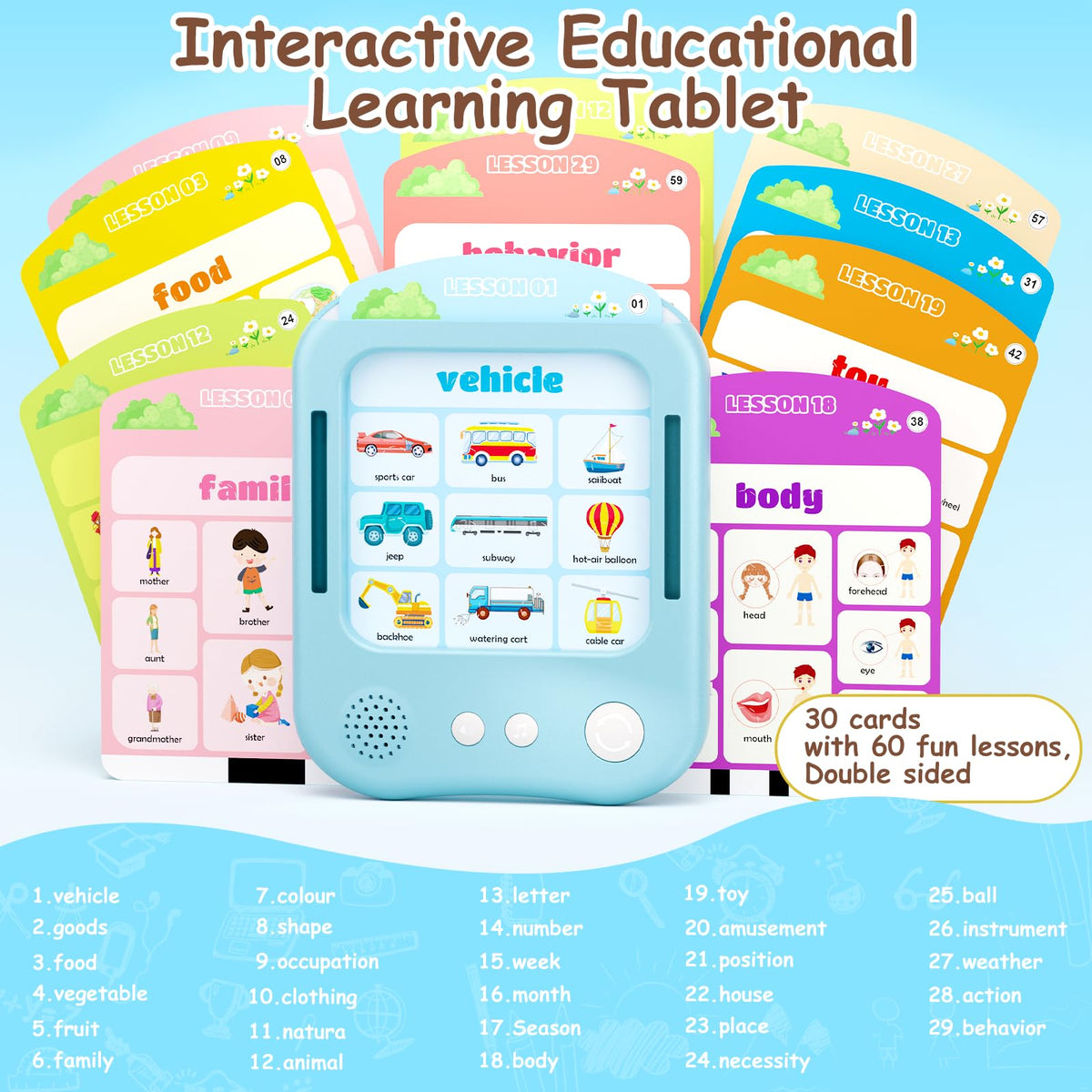 Interactive Educational Learning Tablet Toy for Kids,Screen-Free Phonics Learning Toy with 30 Flash Cards for Alphabets, Numbers, Words, Animals, Learn to Read for Boys Girls 3-5 Years Old, Blue