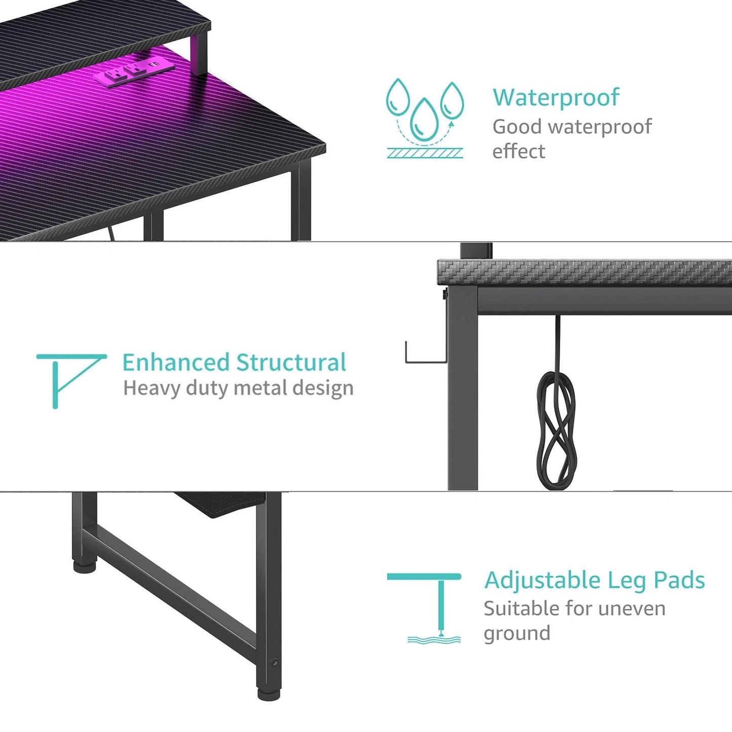 Lufeiya Gaming Desk with Power Outlets and LED Lights, 40 Inch Gamer Desk Table with Charging Station, Home Office Computer Desks with Monitor, Black