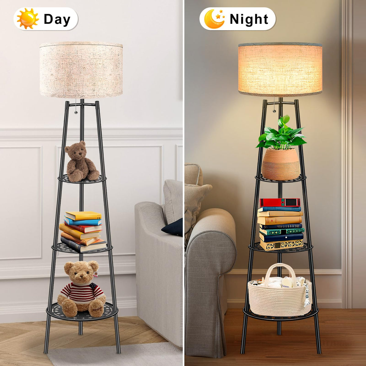 ZQQLITE Floor Lamp with Shelves for Living Room， Standing Lamp，Tall Lamp， Amparas Elegantes para Sala with Linen Shade，Modern Floor Lamp for Living Room，Bedroom or Office（Black ）