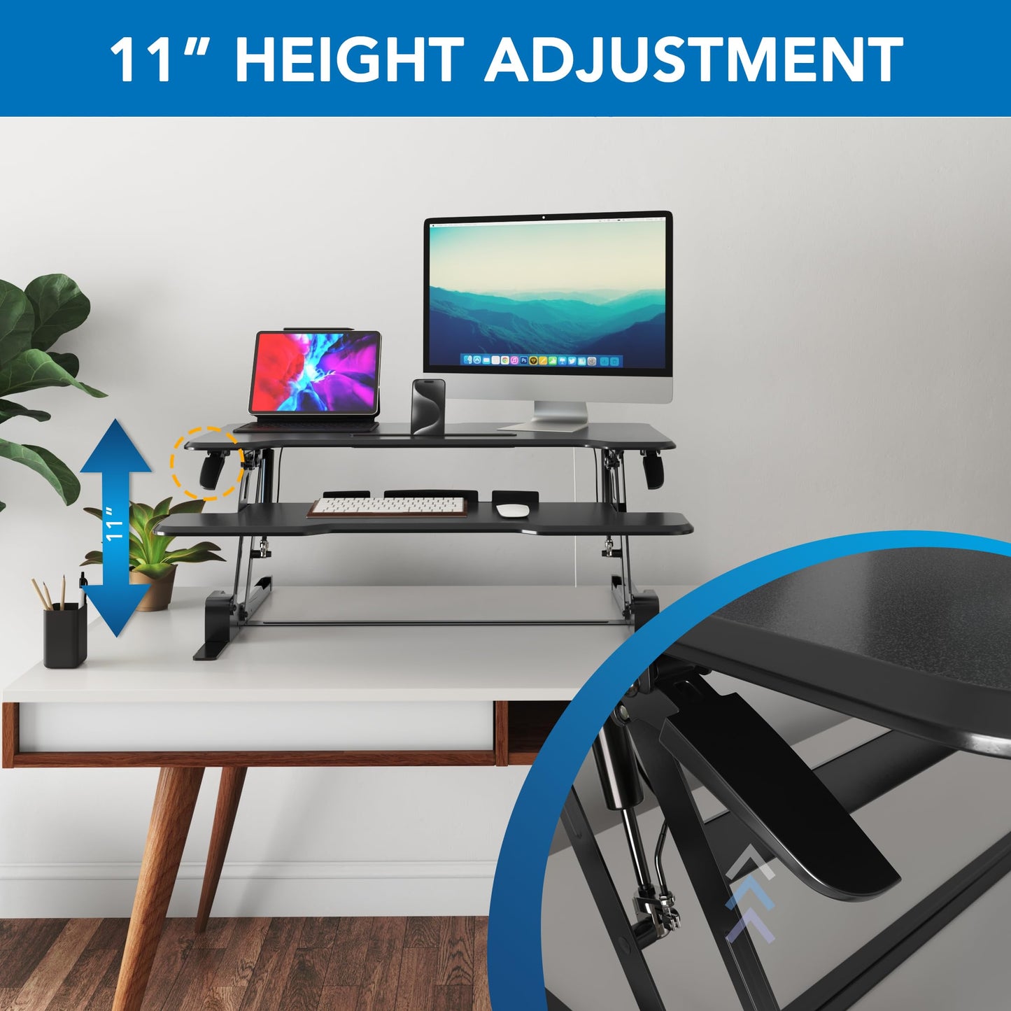 Mount-It! 38 Inch Standing Desk Converter - Gas Spring Sit Stand Desk Riser for Dual Monitors - Height Adjustable Desktop Workstation with Keyboard Tray - Black