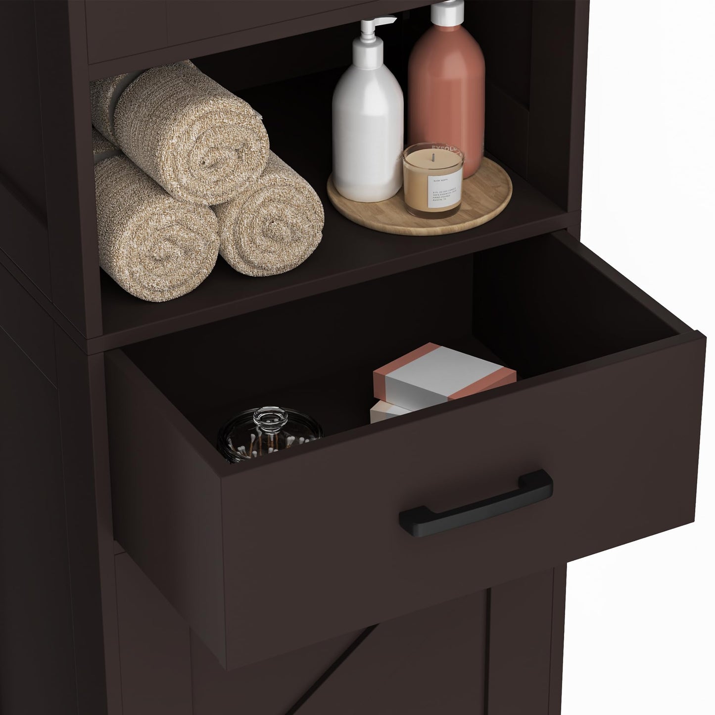 Homhedy 67" H Tall Bathroom Storage Cabinet with 2 Barn Doors and 1 Drawer, Narrow Storage Unit, Adjustable Shelves, Floor Cabinet for Bathroom, Living Room, Entryway, Kitchen, Brown, (15.7" W)