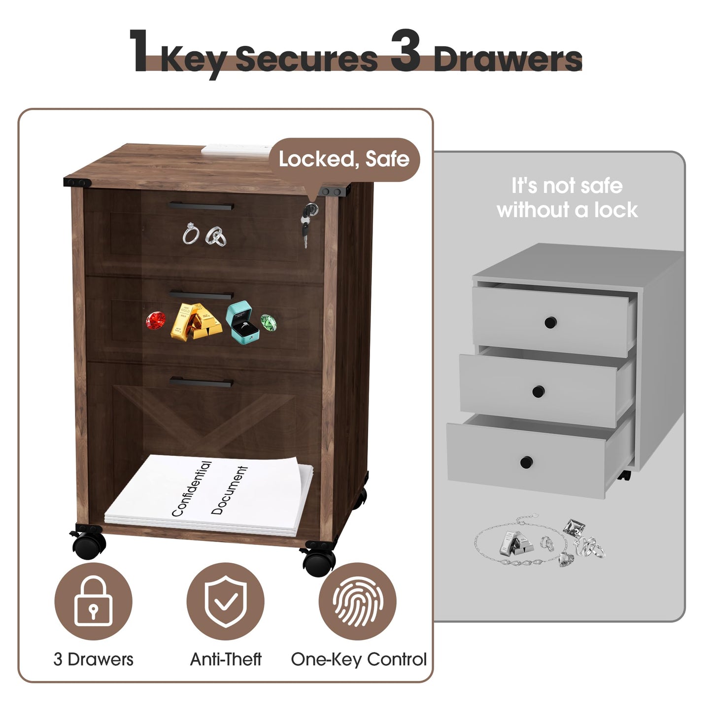 Onelike Small Wood File Cabinet with Lock, Nightstand with Charging Station, 3 Drawer Under Desk Lateral Filing Cabinets for Home Office, Printer Stand with Storage, Brown