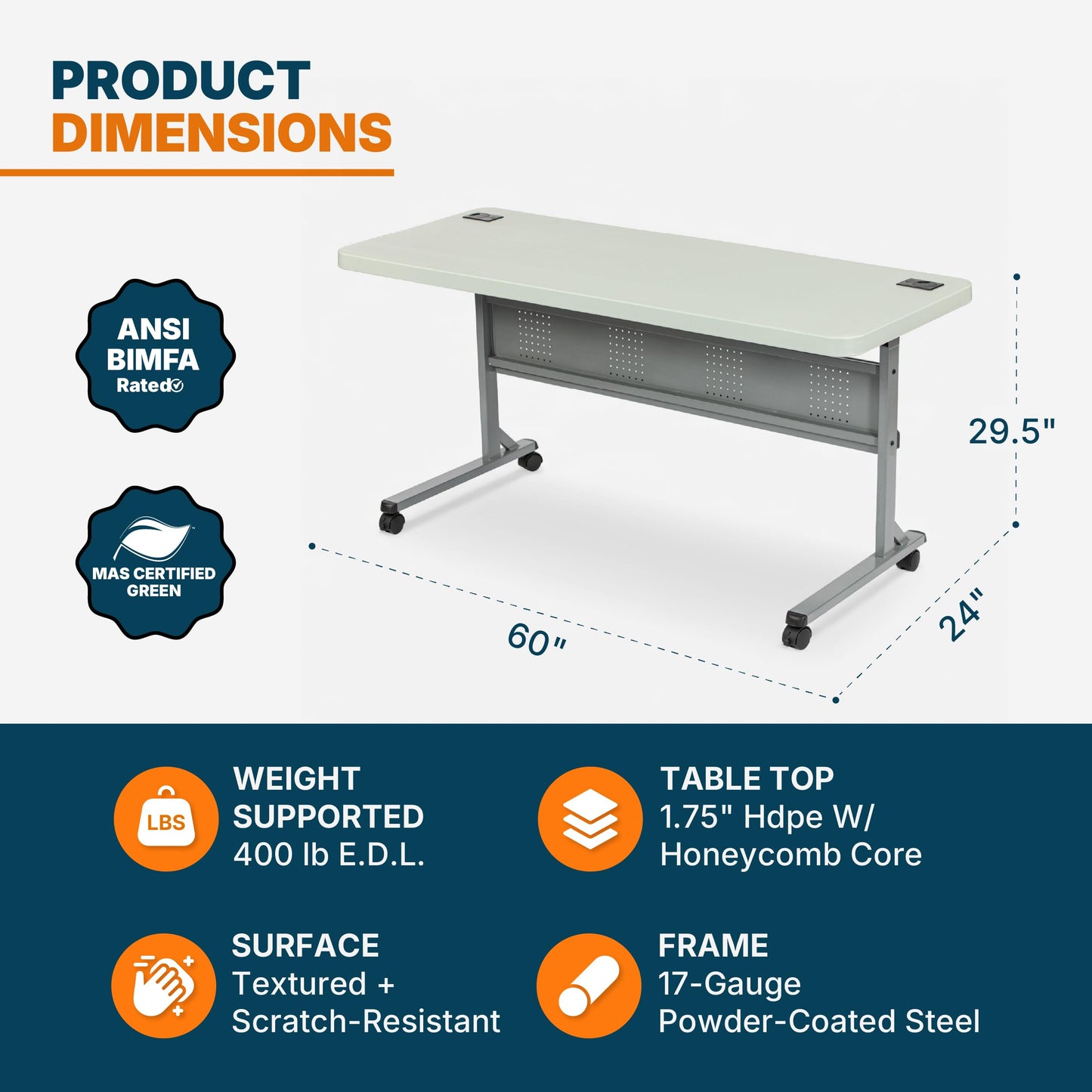 OEF Furnishings OEFBPFT2460 Commercial-Grade Premium Industrial Nesting Flip-Top Blow-Molded Training Table with Steel Frame and a 1.75" Thick Surface (24" × 60", Speckled Grey Top)