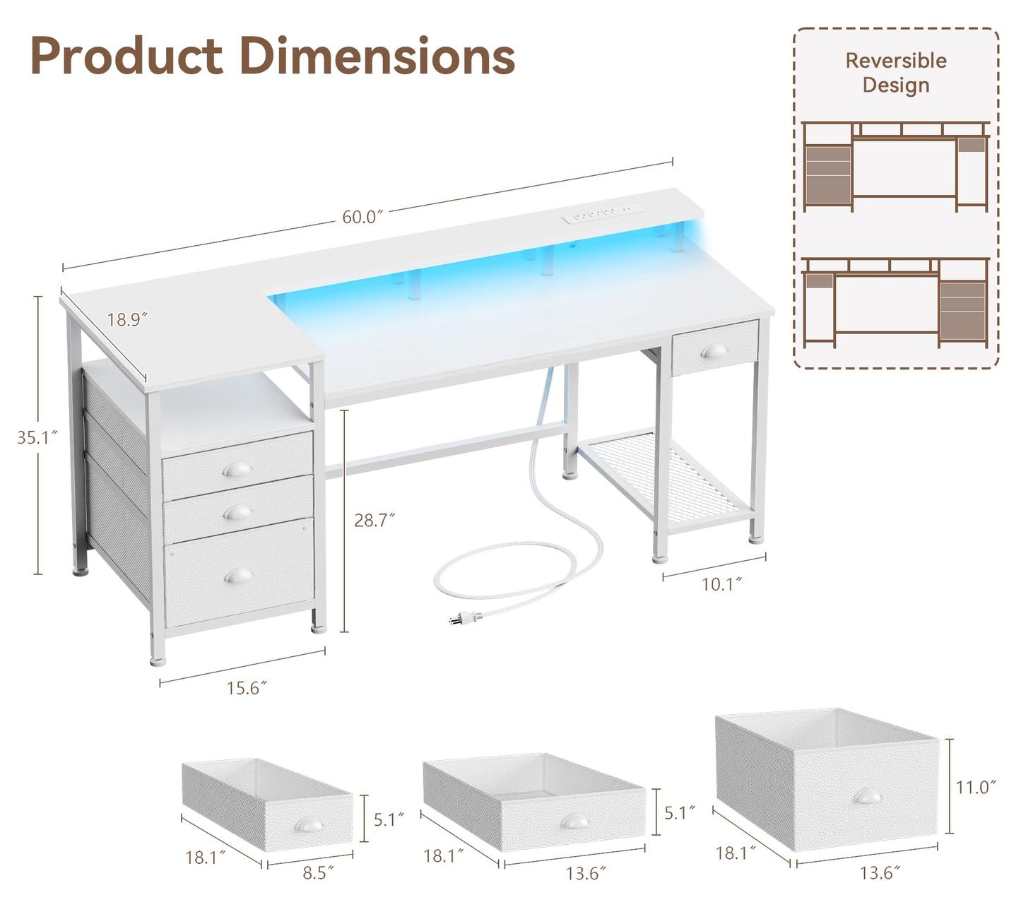 Furologee 60" White Office Computer Desk with 4 Drawers,Gaming Desk with LED Lights and Power Outlets,Long Desk with Fabric File Cabinet,Study Writing Work Table with Shelf for Bedroom Home Office