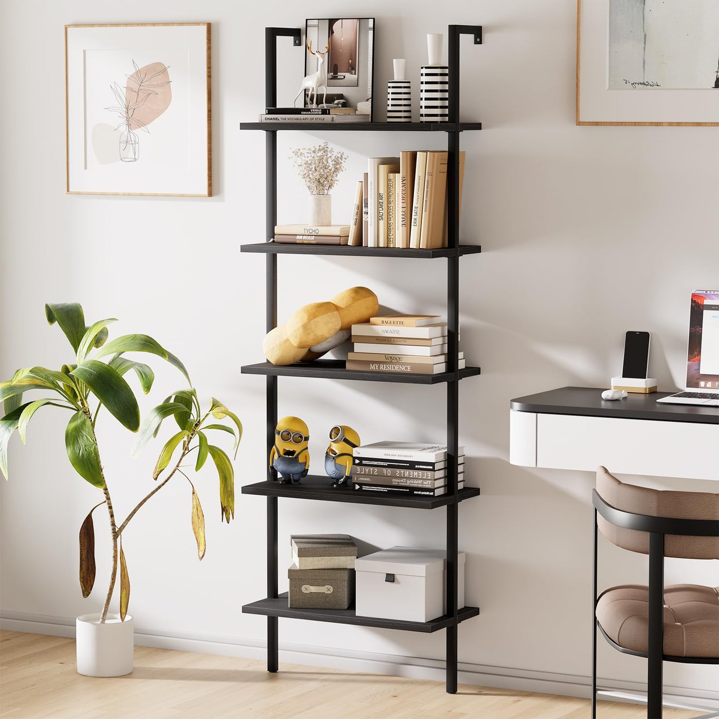 aboxoo Ladder Shelf Open 5-Tier Bookshelf Wall-Mounted Black Wood Bookcase Storage Rack Open Industrial Modern Plant Stand Utility Organizer Bookcase Metal Frame Furniture Office Bedroom