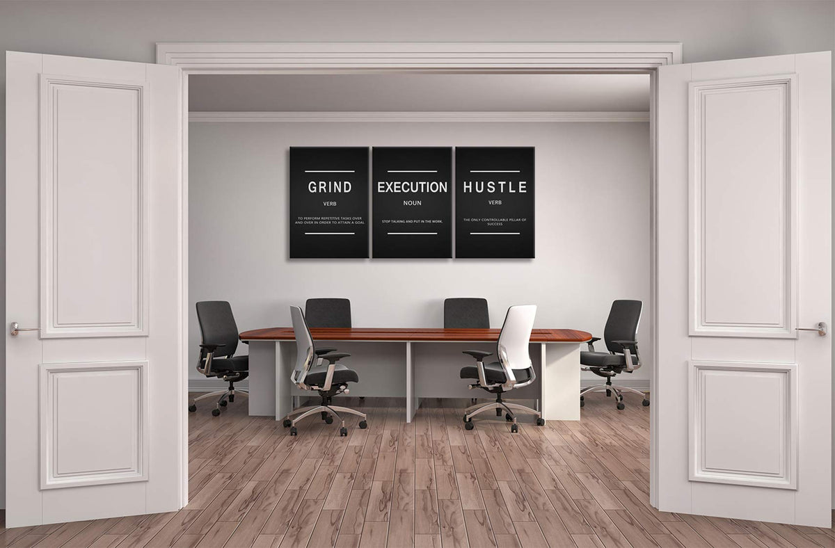 Large Success Quote Inspirational Wall Art Motivational Grind Hustle Execution Painting Entrepreneur Office Posters Prints Canvas Artwork 3 Panels Wall Decor for Office Framed Ready to Hang- 24"x36"x3