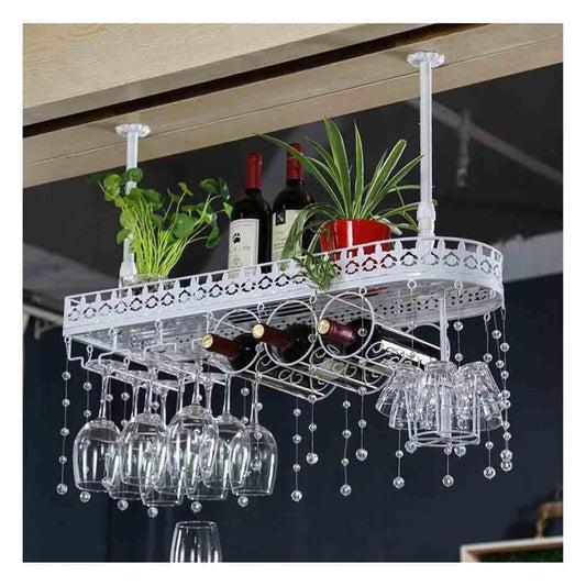 PHLEPS Hanging Wine Rack with Glass Holder and Shelf, Ceiling Wine Glass Rack Crystal Pendant Decoration Industrial Hanging Wine Bottle Holder Metal Ceiling Shelf for Bar Cafe Kitchen (Color : White