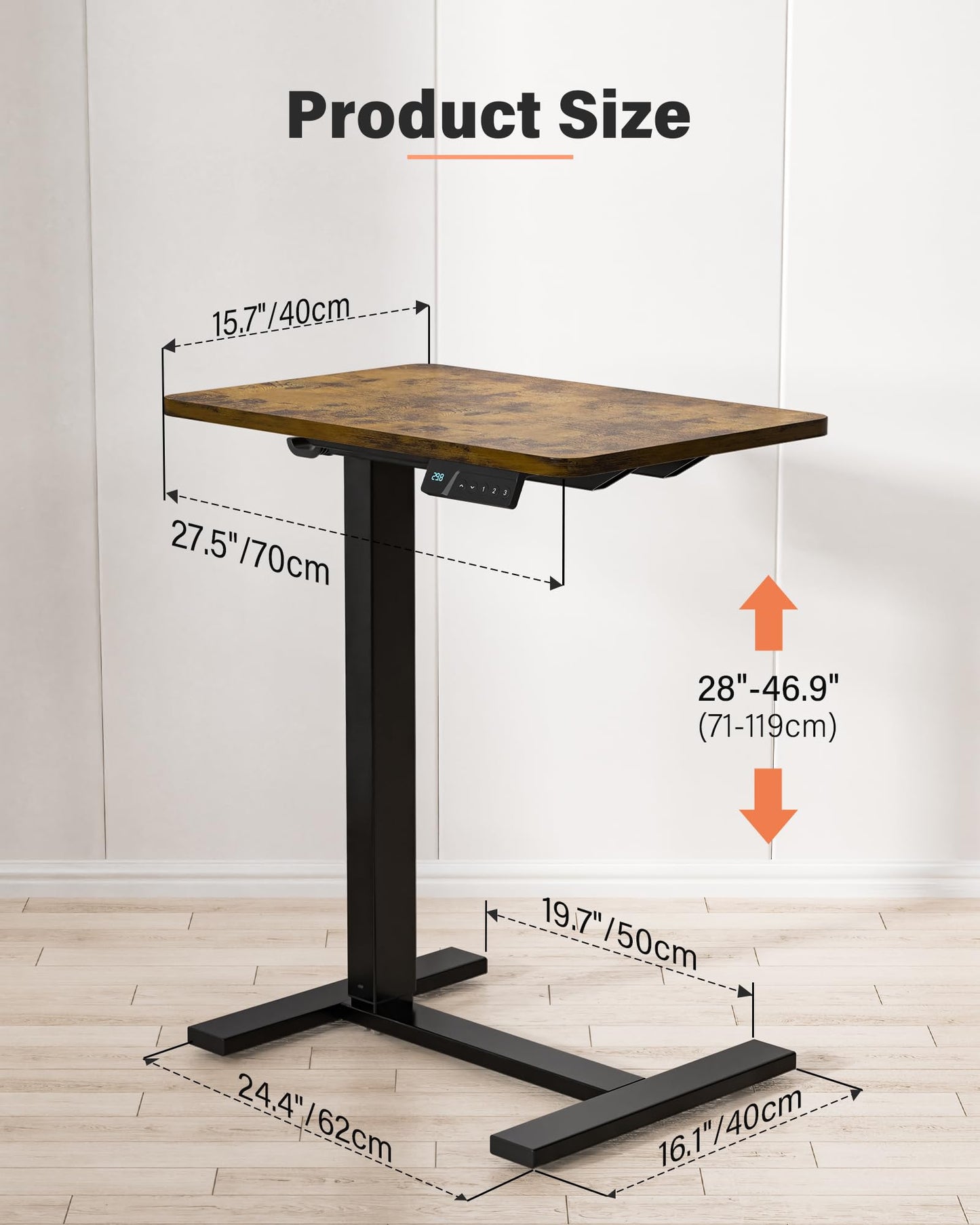 FiCiHi Electric Standing Desk with Wheels – Adjustable Height Mobile Sit-Stand Laptop Table, Portable Rolling Small Computer Workstation for Home Office & Bedside Use (28"x16", Rustic Brown)