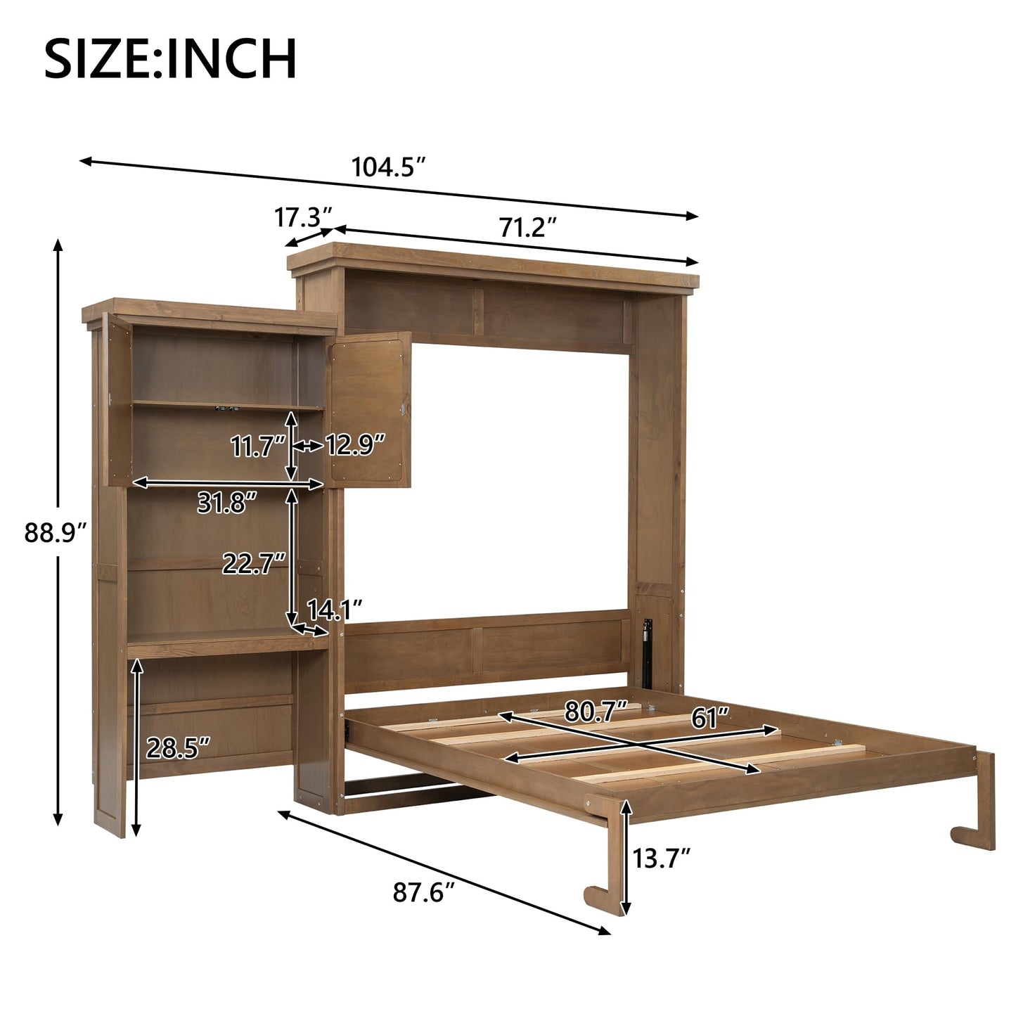 HECATEVIC Murphy Bed with Bookshelf, Wall Bed Cabinet with Storage Shelves, Space Saving Solid Wood Foldable Bed Frame, Queen Size, Burlywood