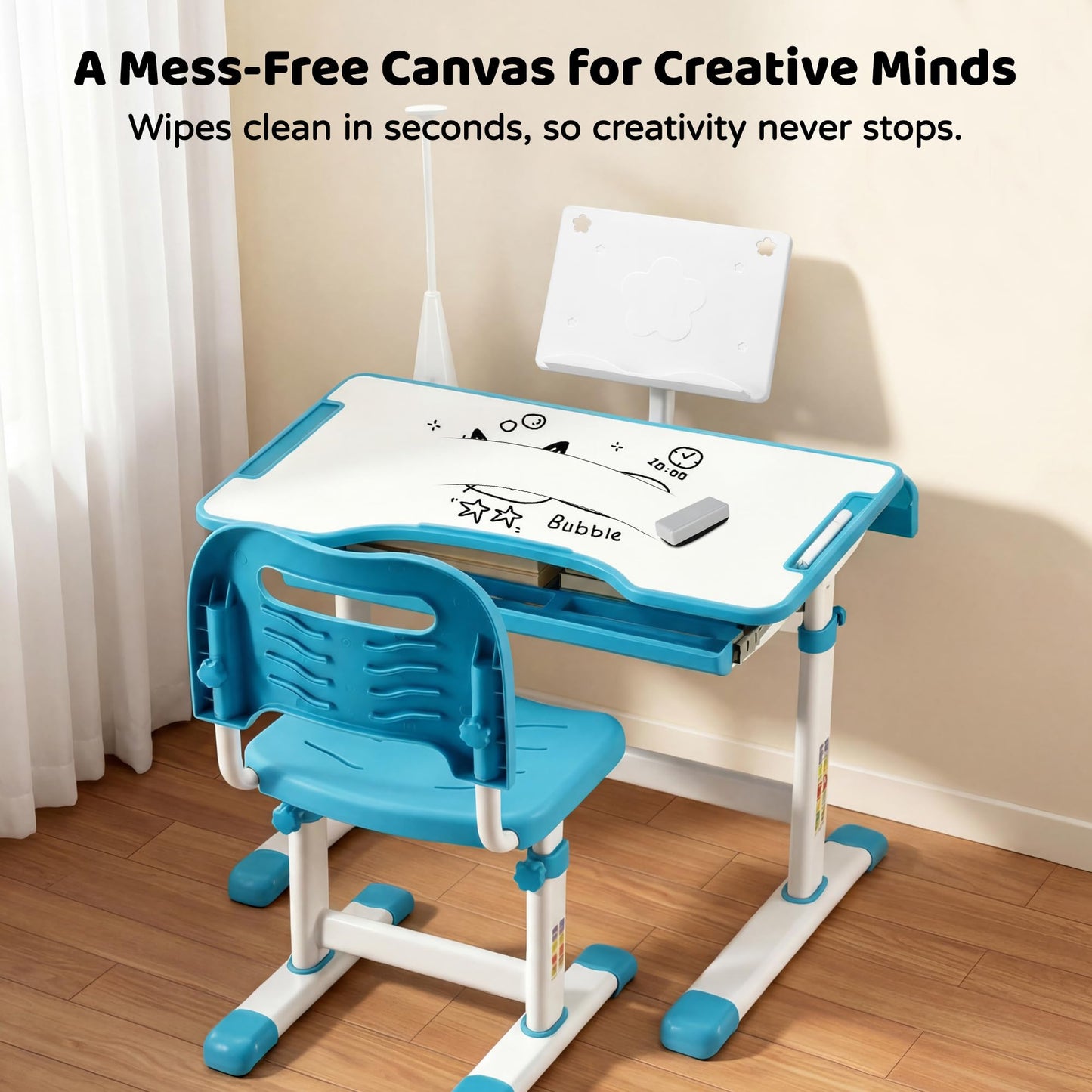 Diroan Kids Functional Desk and Chair Set, Ergonomic Height Adjustable Children School Study Desk with Tilt Desktop, Book Stand, LED Light, Metal Hook and Storage Drawer for Boys Girls(Blue)