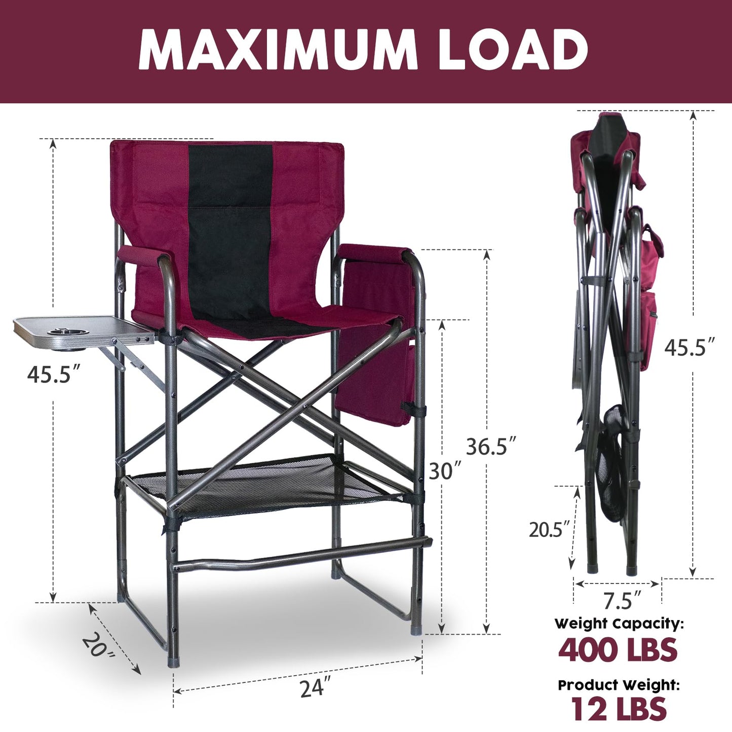Foristrail 30" Tall Directors Chair with Side Table, 400LBS Bar Height Folding Camping Chair for Makeup Artists, Outdoor Events, Portable Foldable Chair with Cup Holder & footrest - Wine Red/Black