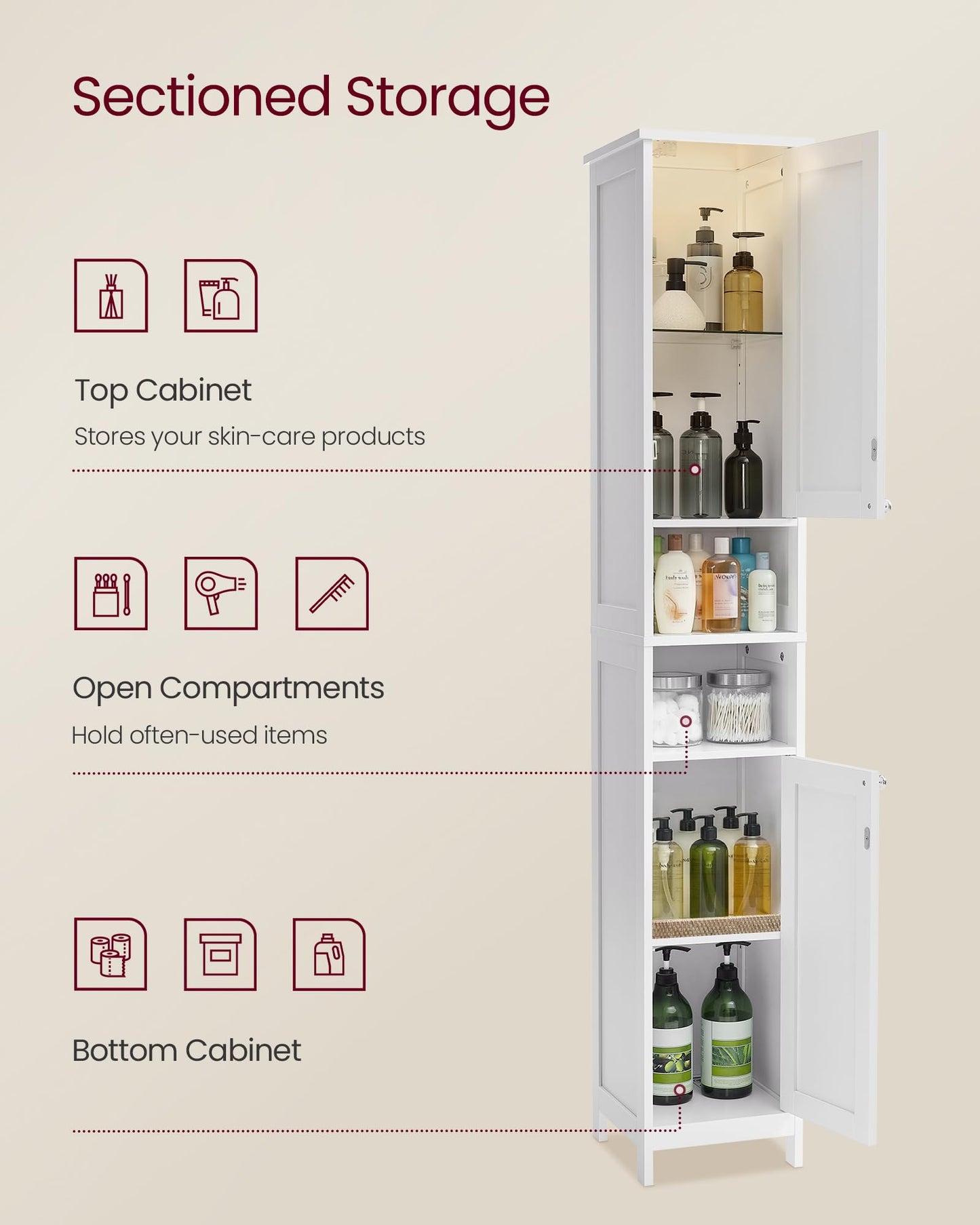 VASAGLE Tall Storage Cabinet with Lights, Slim Freestanding Cabinet with Adjustable Shelves, for Small Spaces, Bathroom, Living Room, Modern, 11.8 Inches Wide, Cloud White UBBC566W02V1